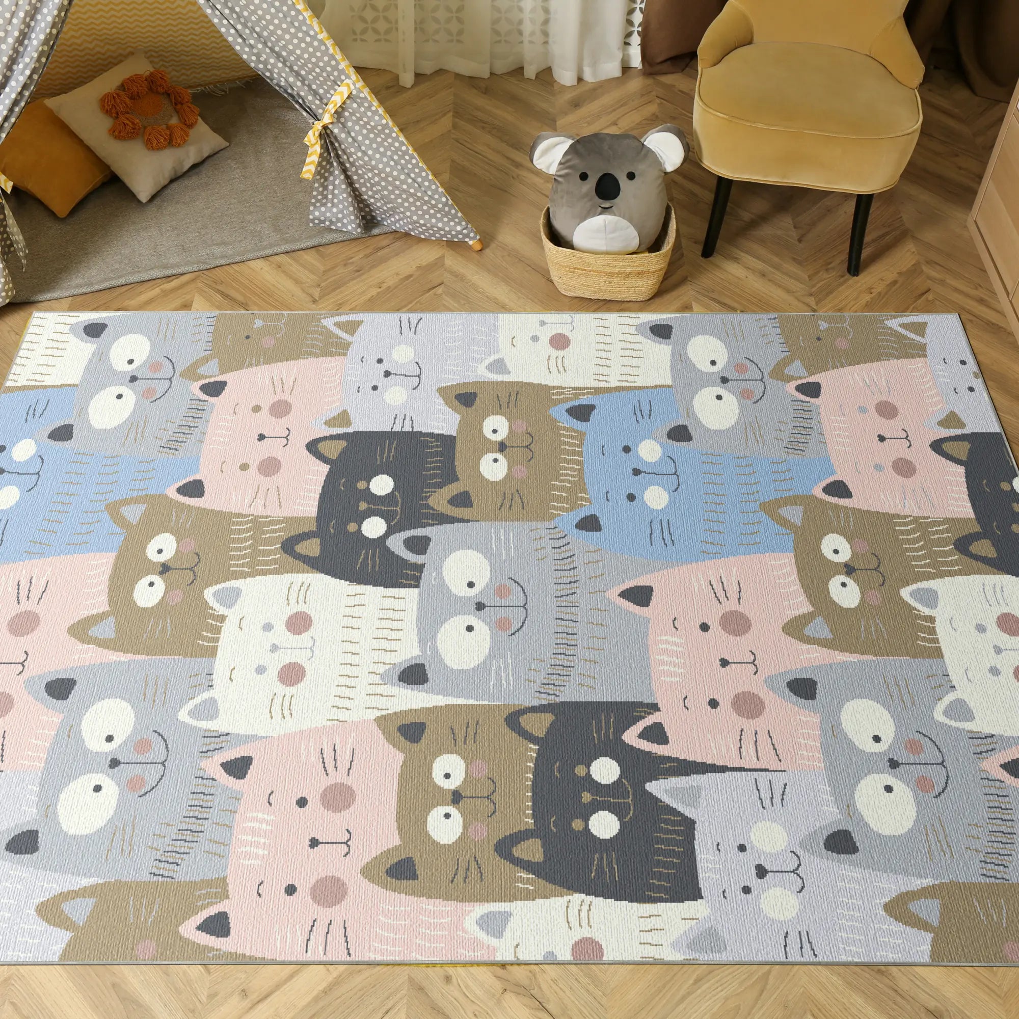Washable Pastel Cat Kids Rug