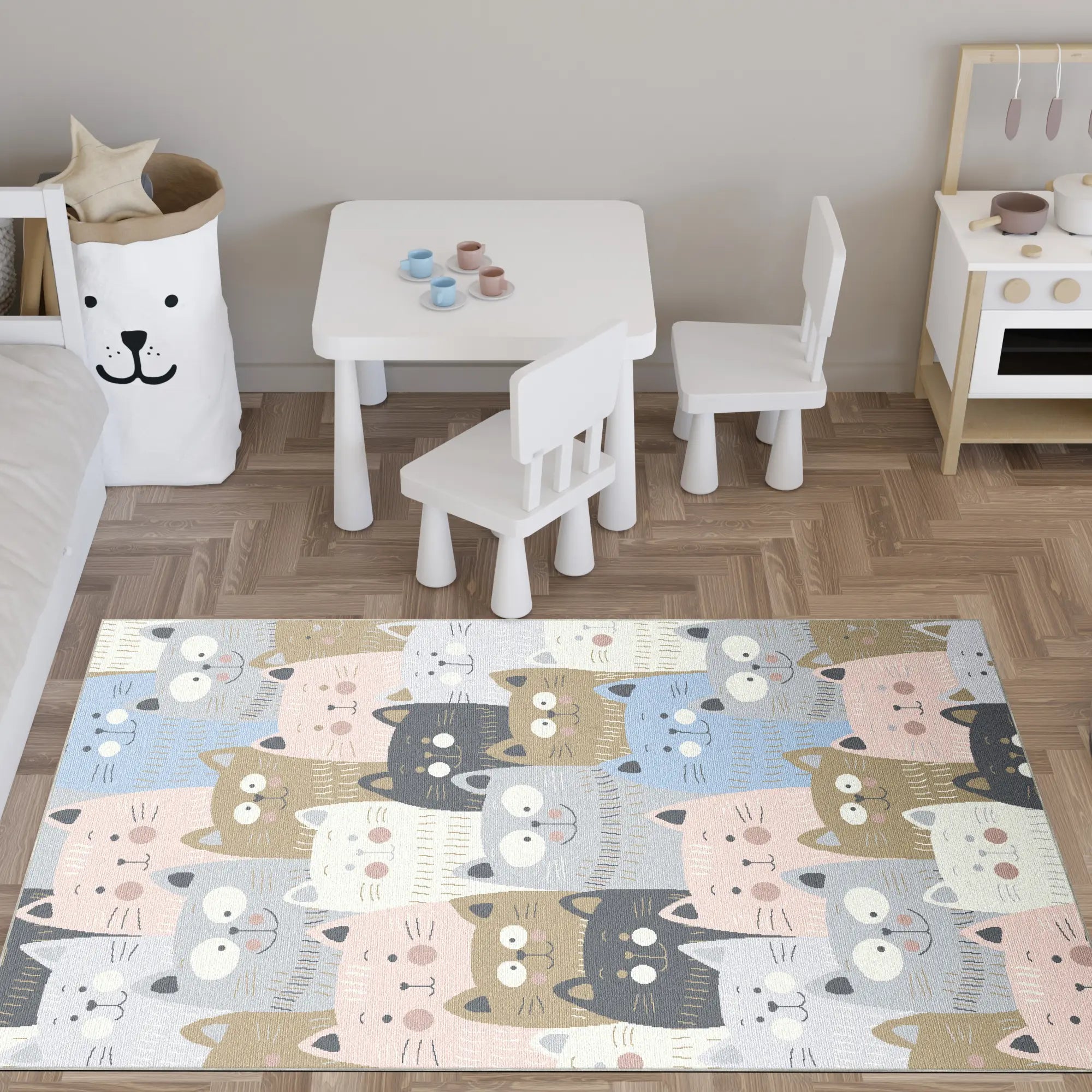 Washable Pastel Cat Kids Rug