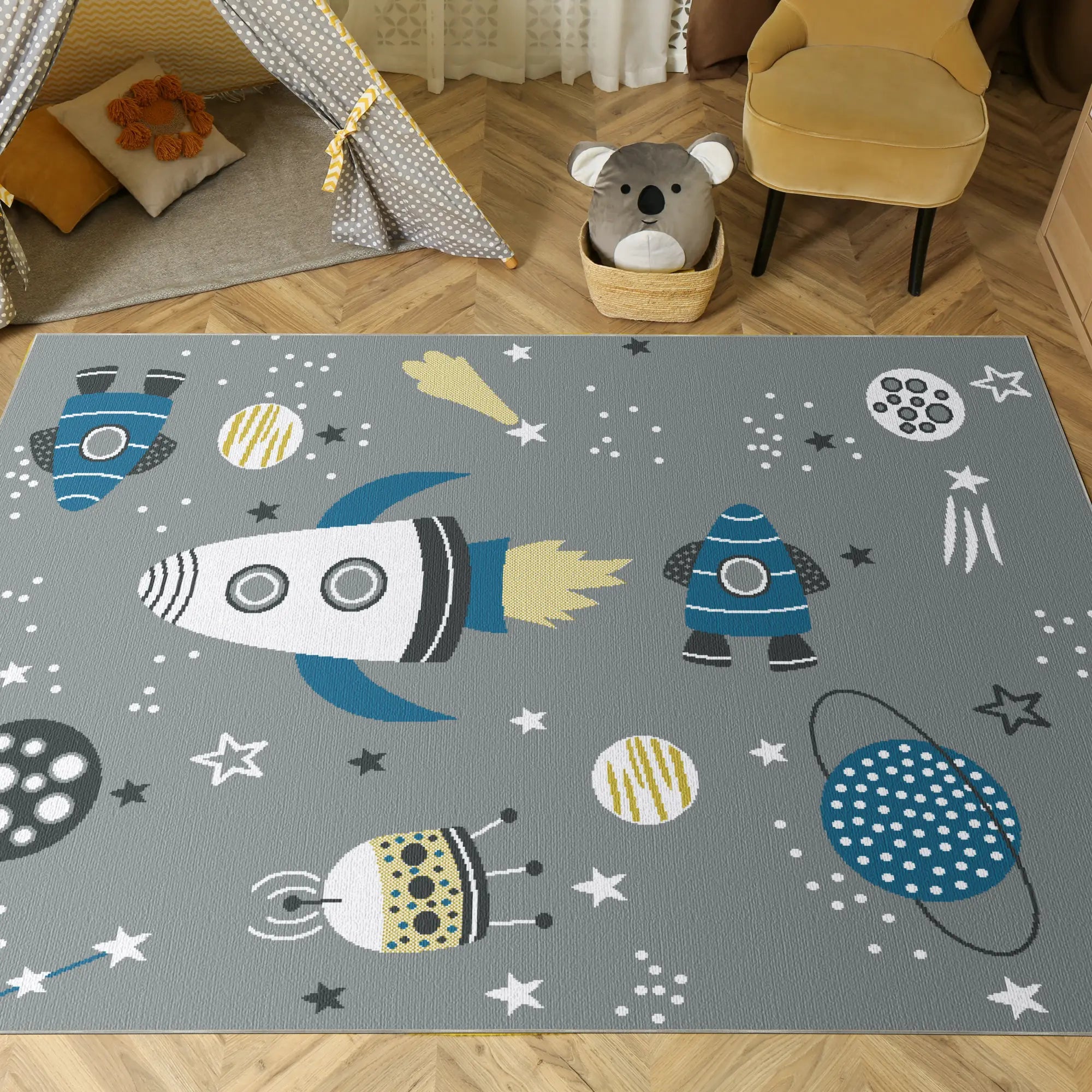 Washable Gray Space Kids Rug