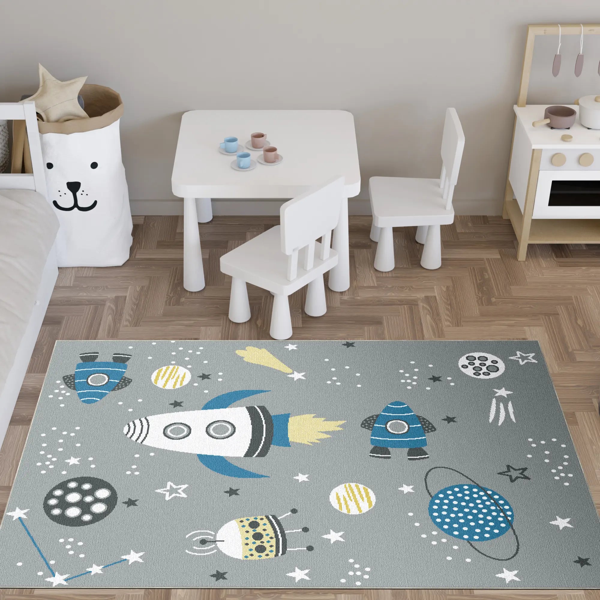 Washable Gray Space Kids Rug