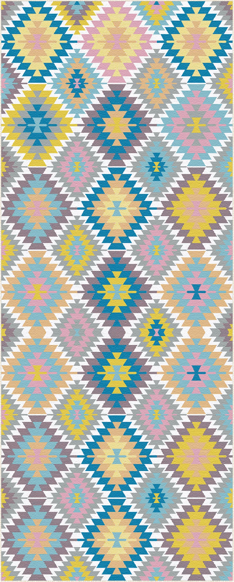 A flat-lay view of a square area rug featuring a colorful geometric diamond and zigzag pattern in pastel shades of yellow, pink, blue, teal, and gray.
