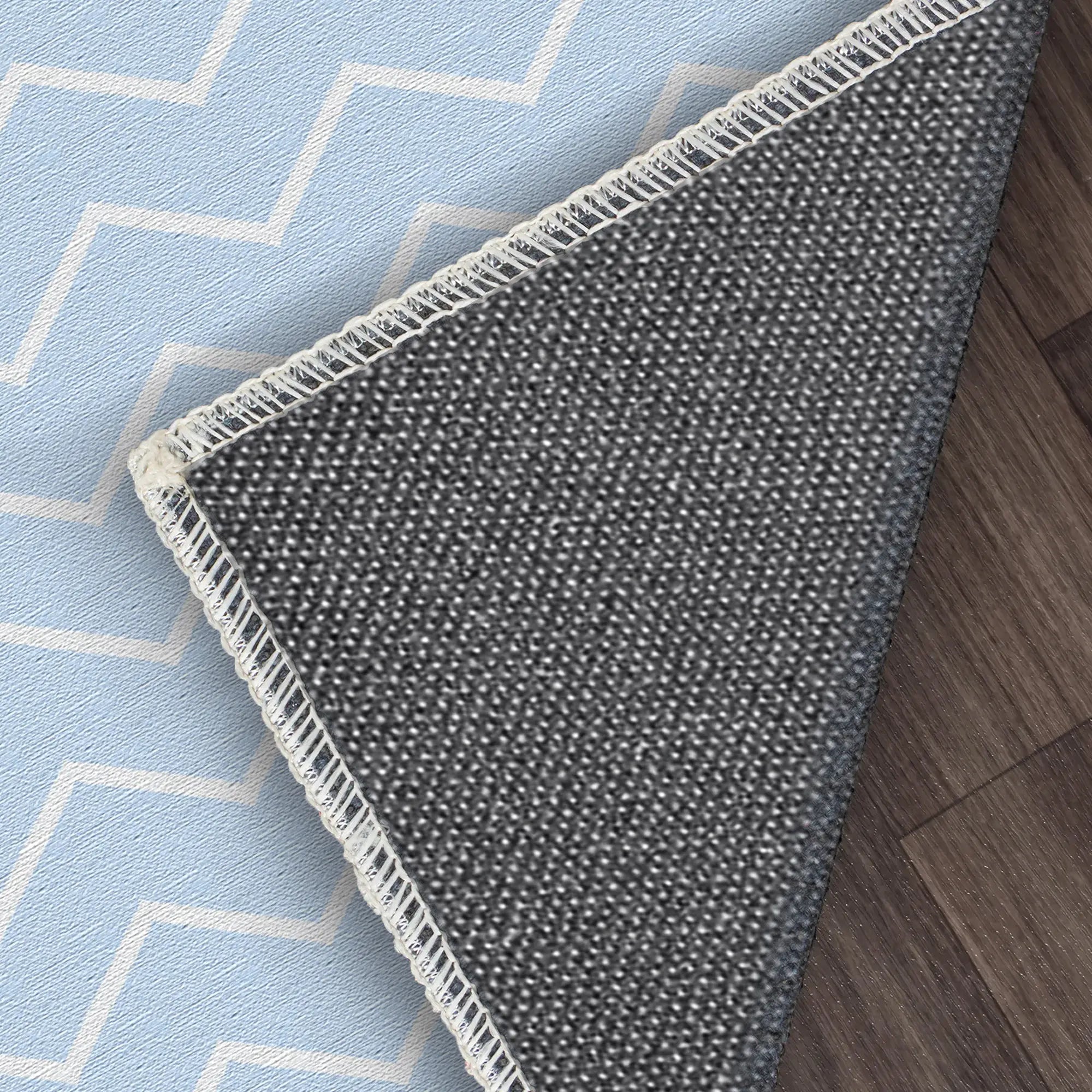 Washable Light Blue Chevron Rug