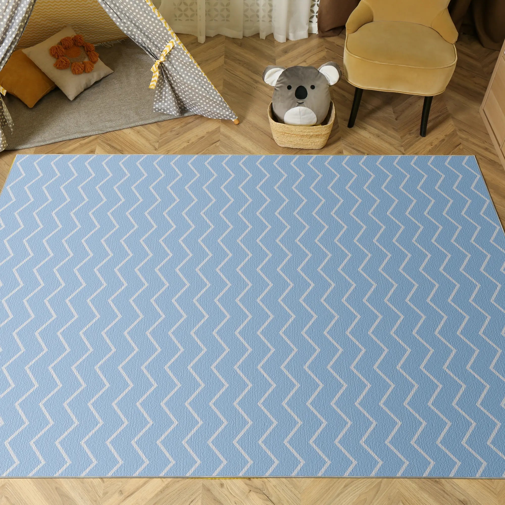 Washable Light Blue Chevron Rug