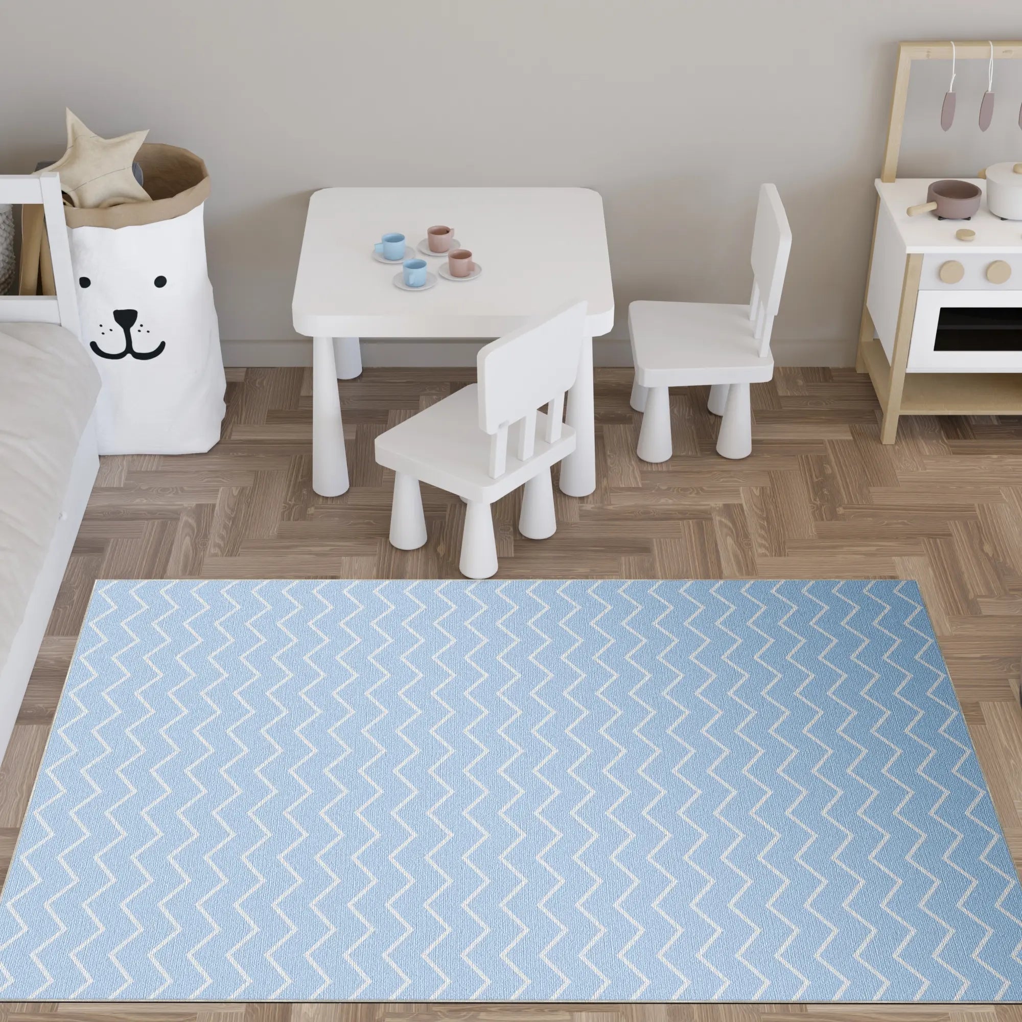 Washable Light Blue Chevron Rug