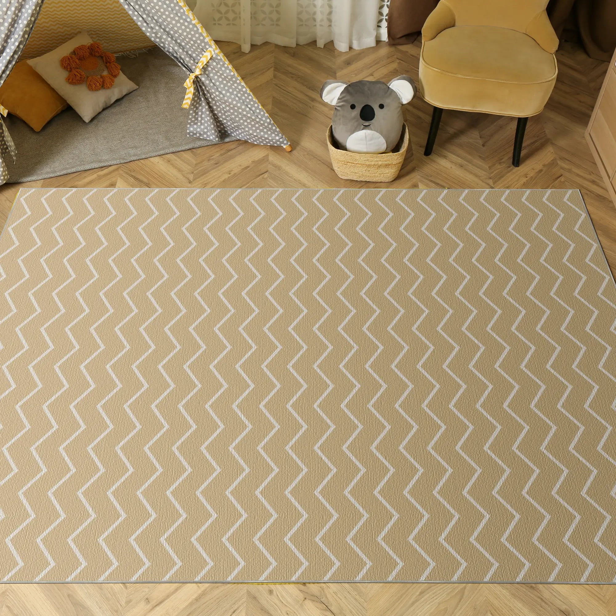 Washable Beige Chevron Rug