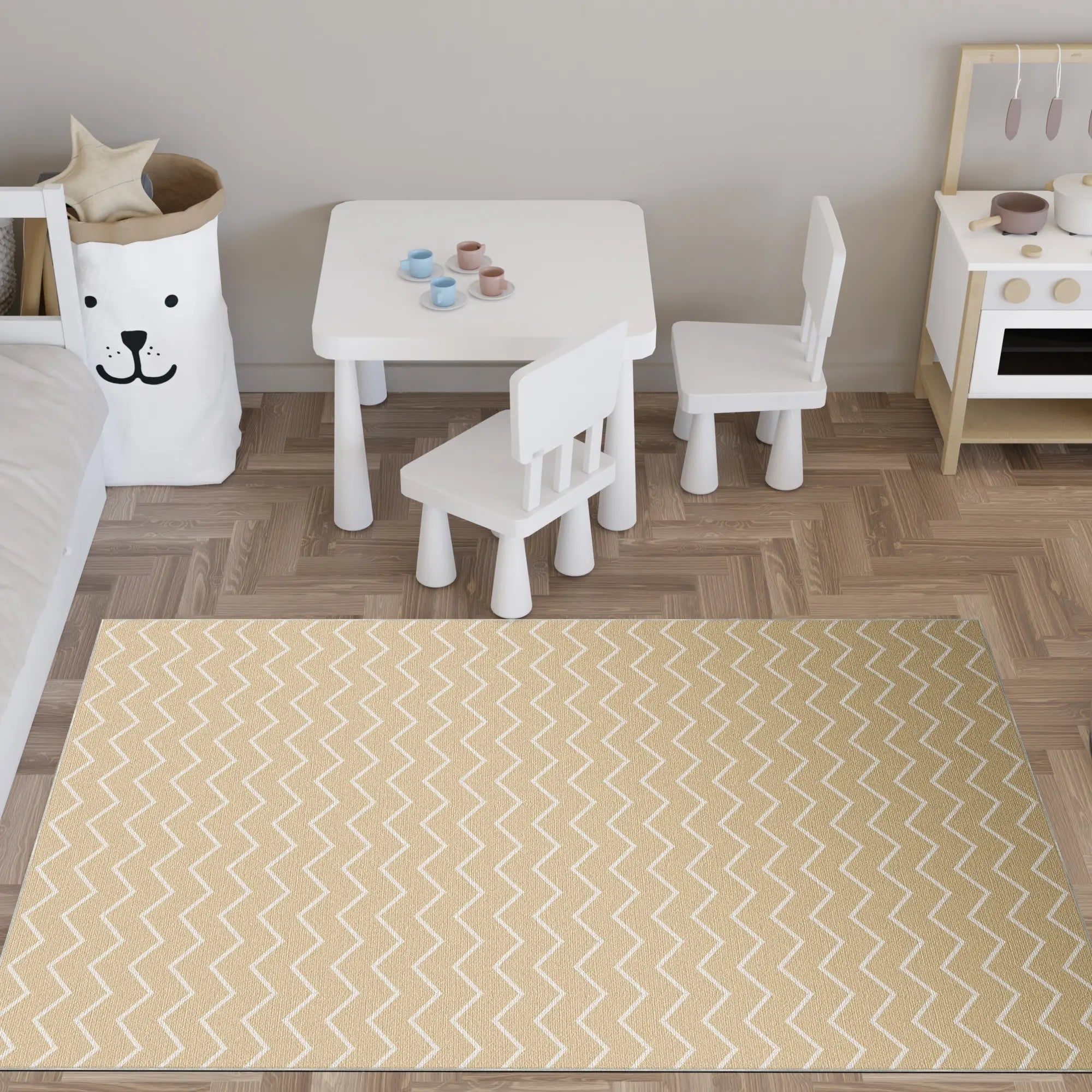 Washable Beige Chevron Rug