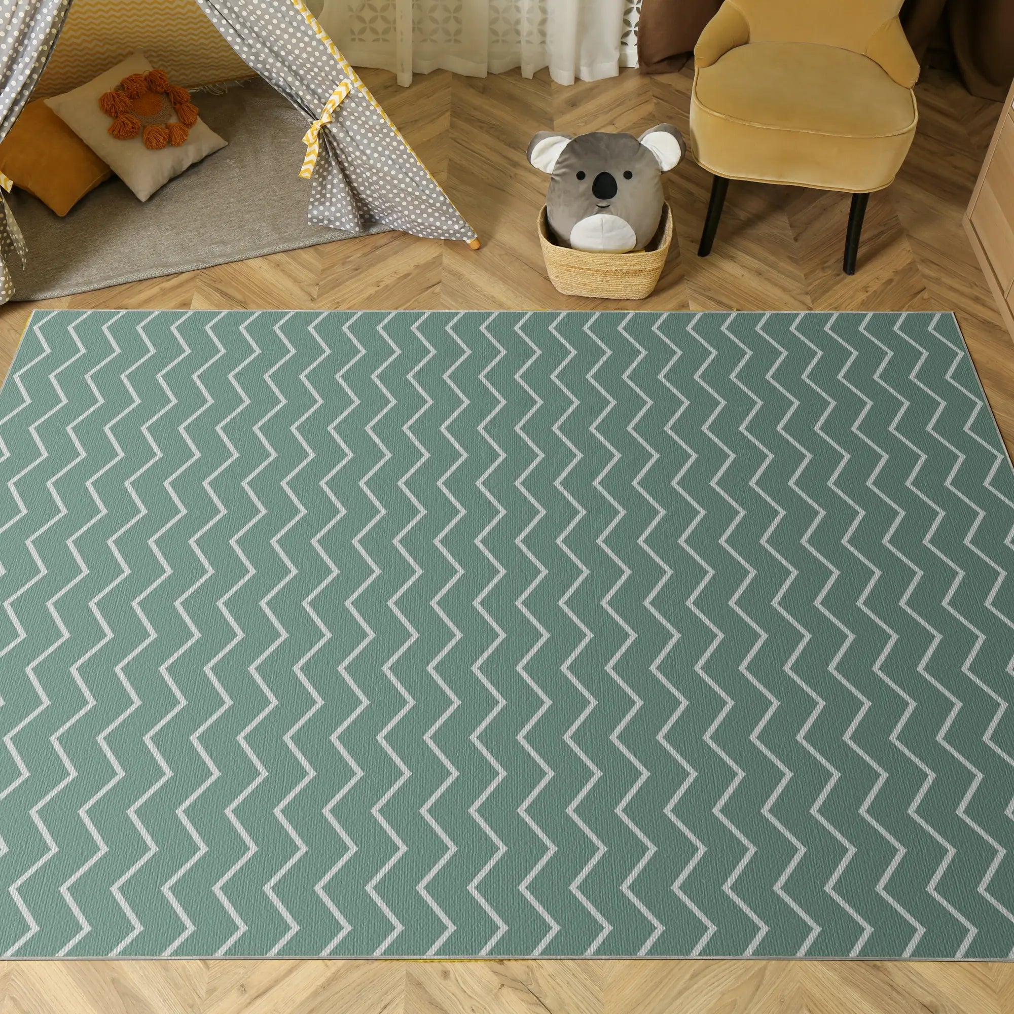 Washable Sage Green Chevron Rug