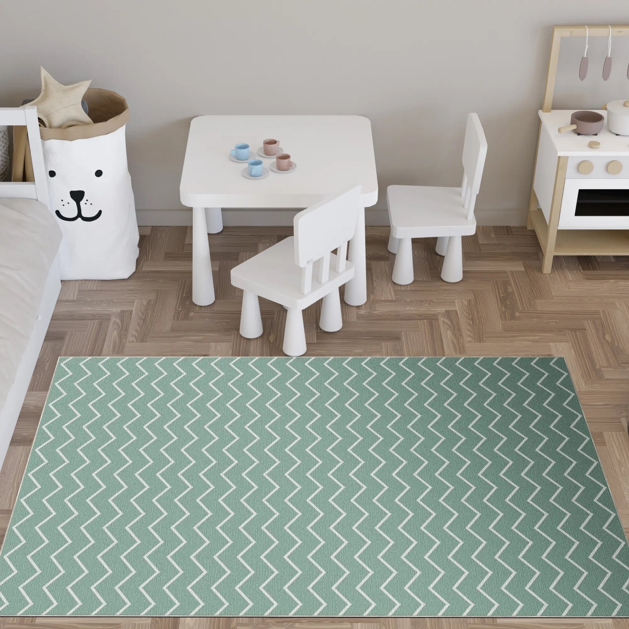 Washable Sage Green Chevron Rug