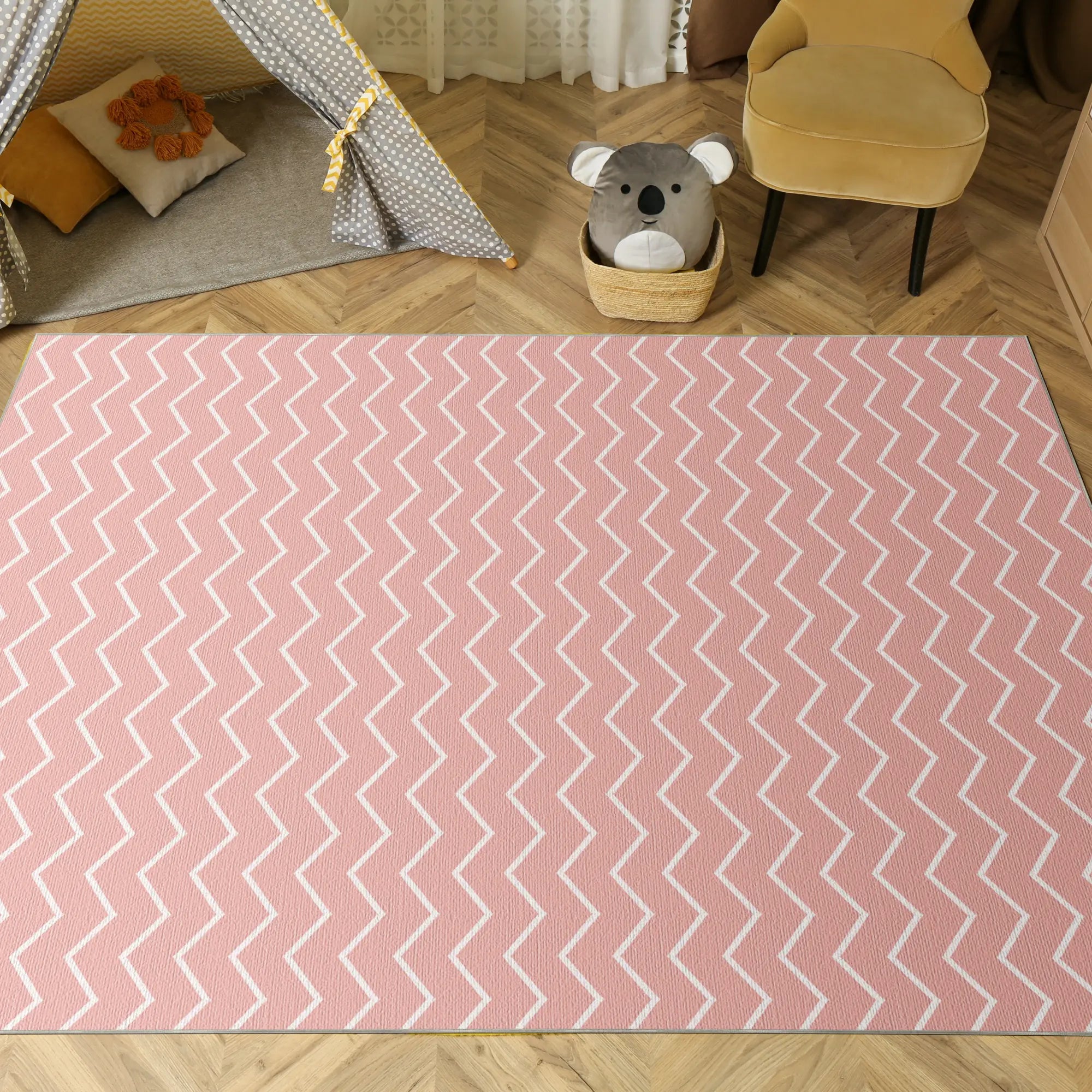 Washable Pink Chevron Rug