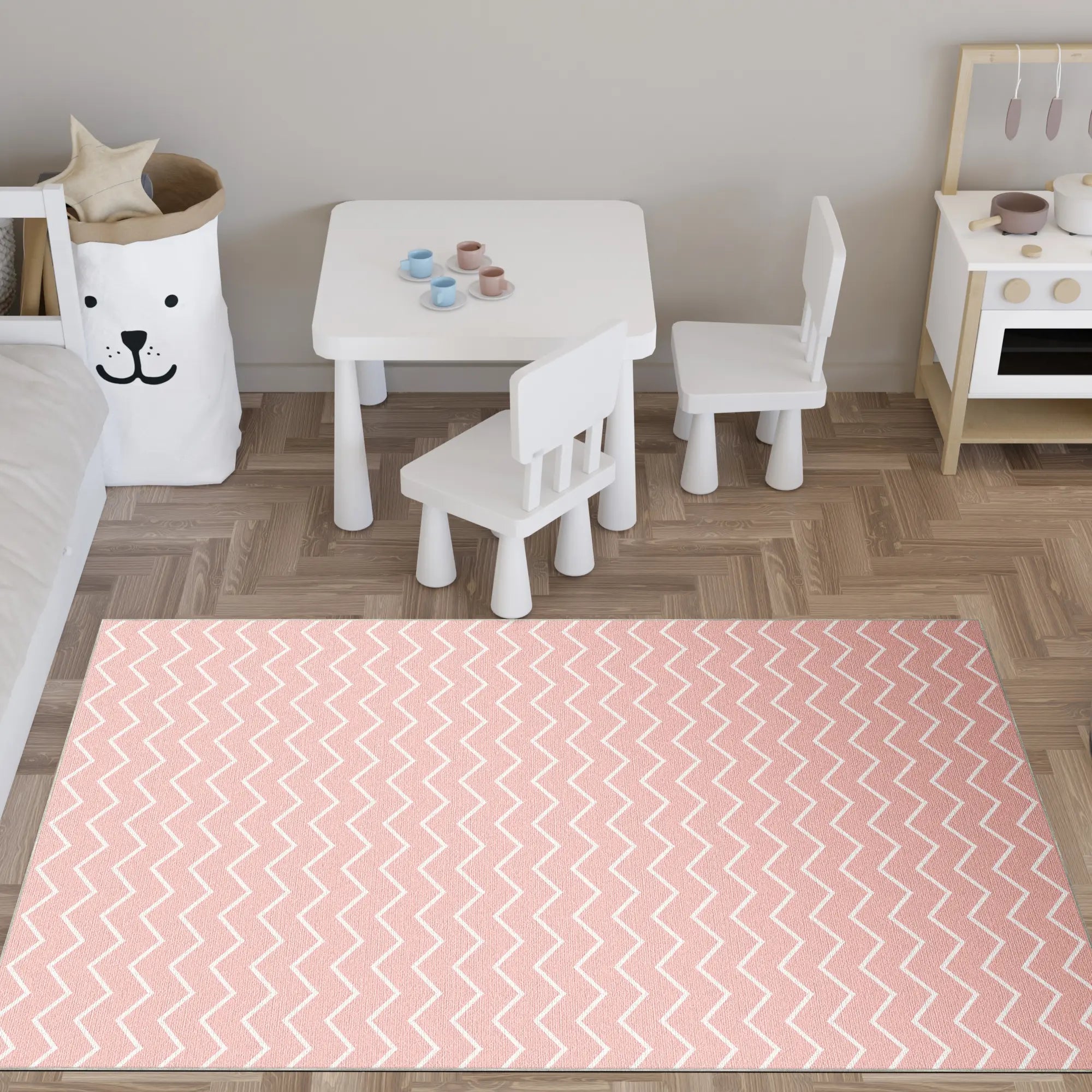Washable Pink Chevron Rug