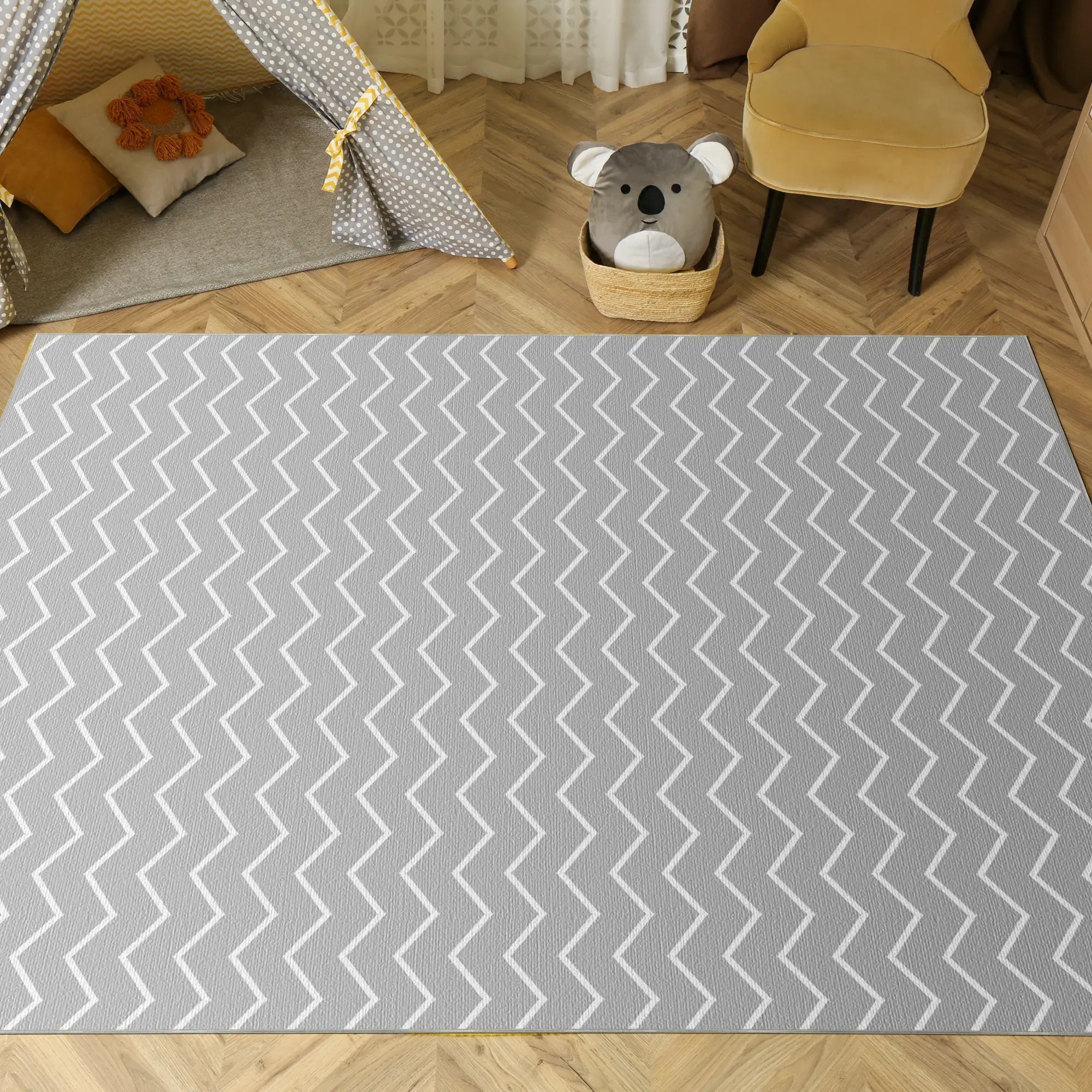Washable Gray Chevron Rug