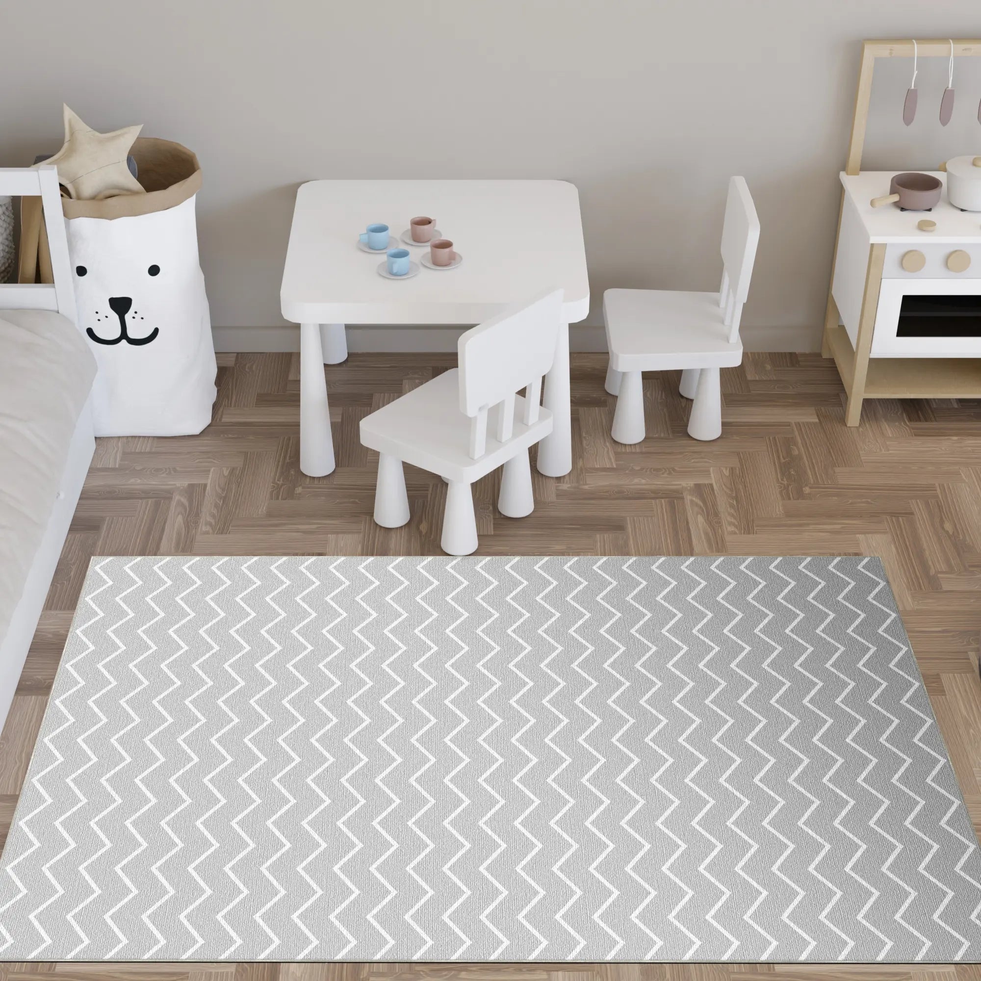 Washable Gray Chevron Rug