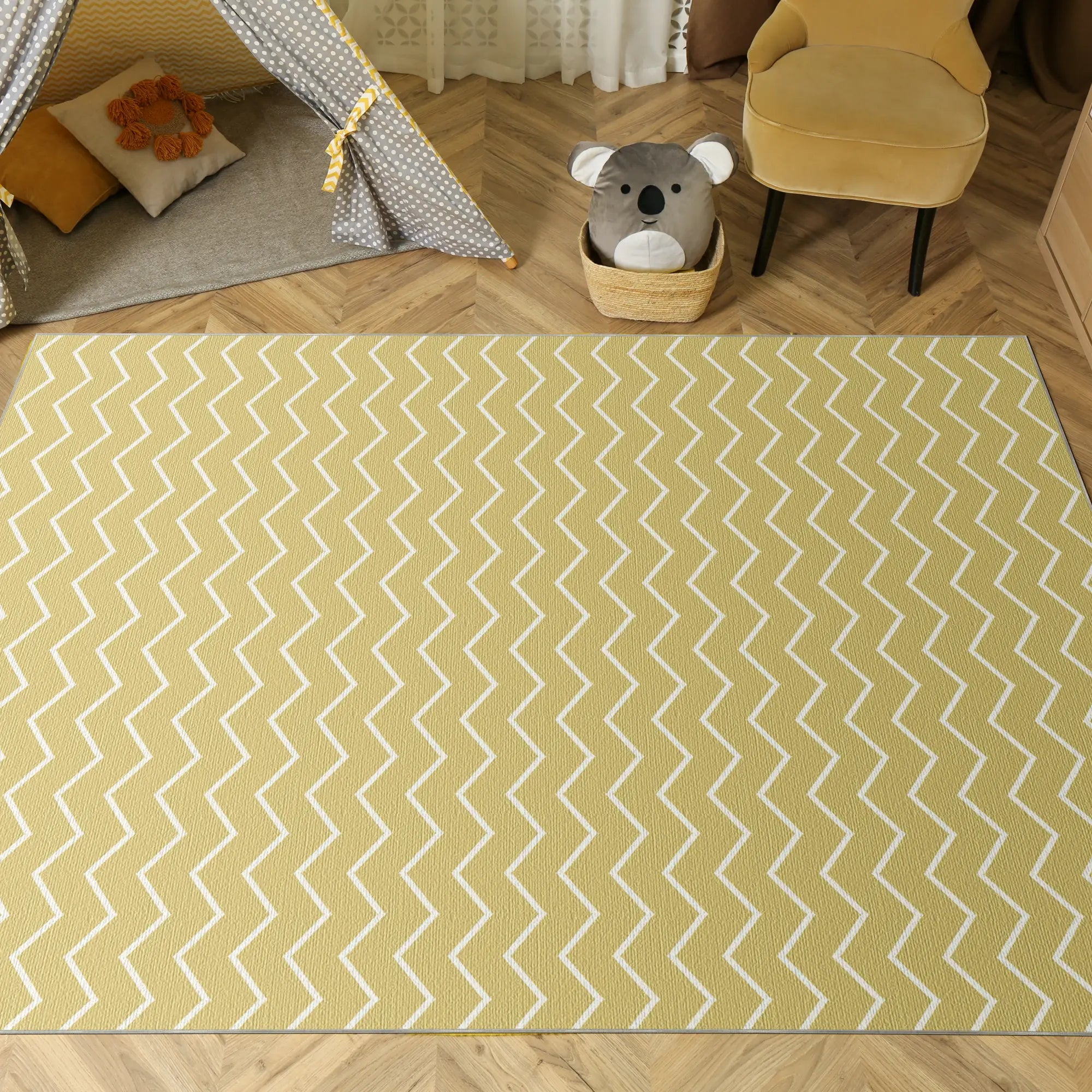 Washable Pale Yellow Chevron Rug