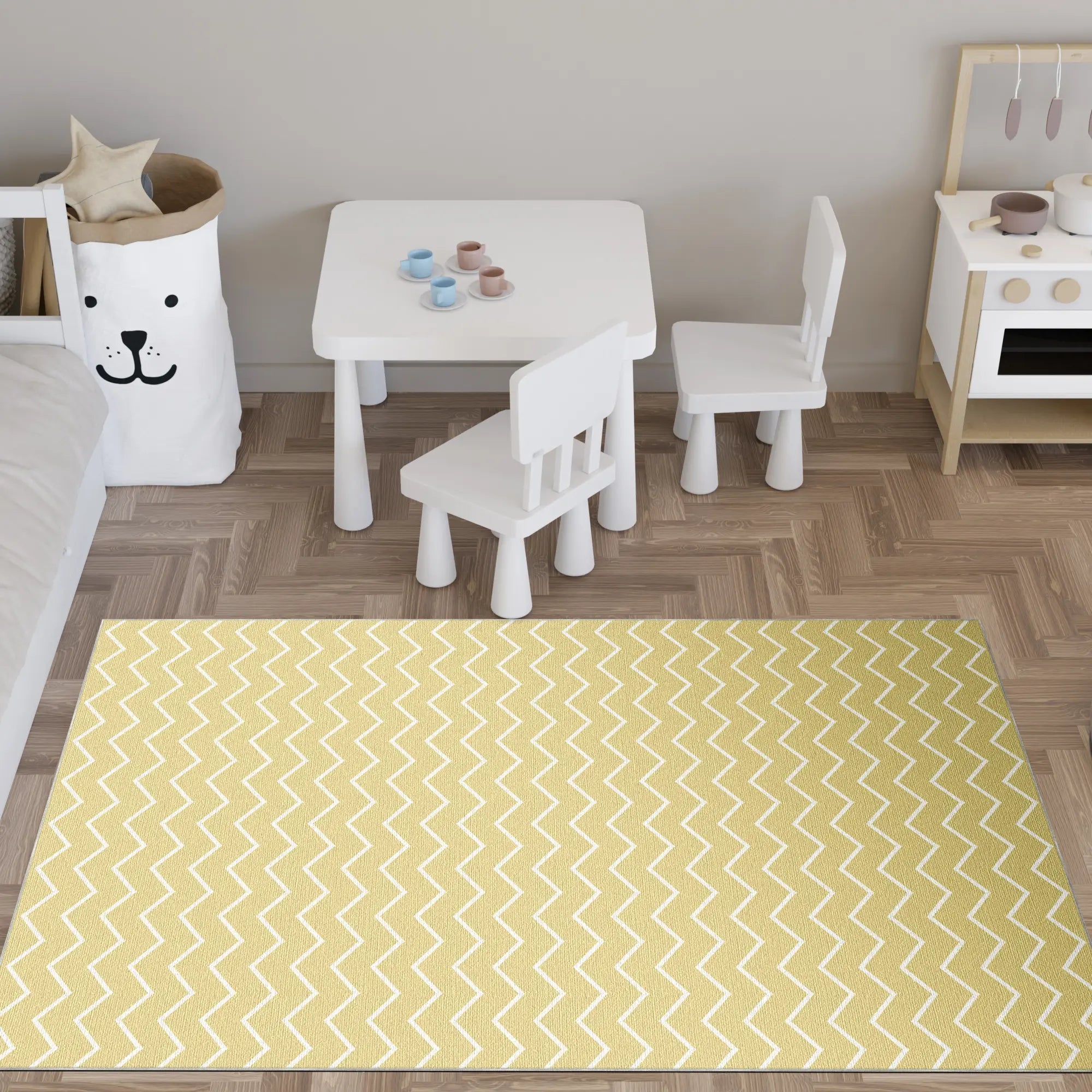 Washable Pale Yellow Chevron Rug