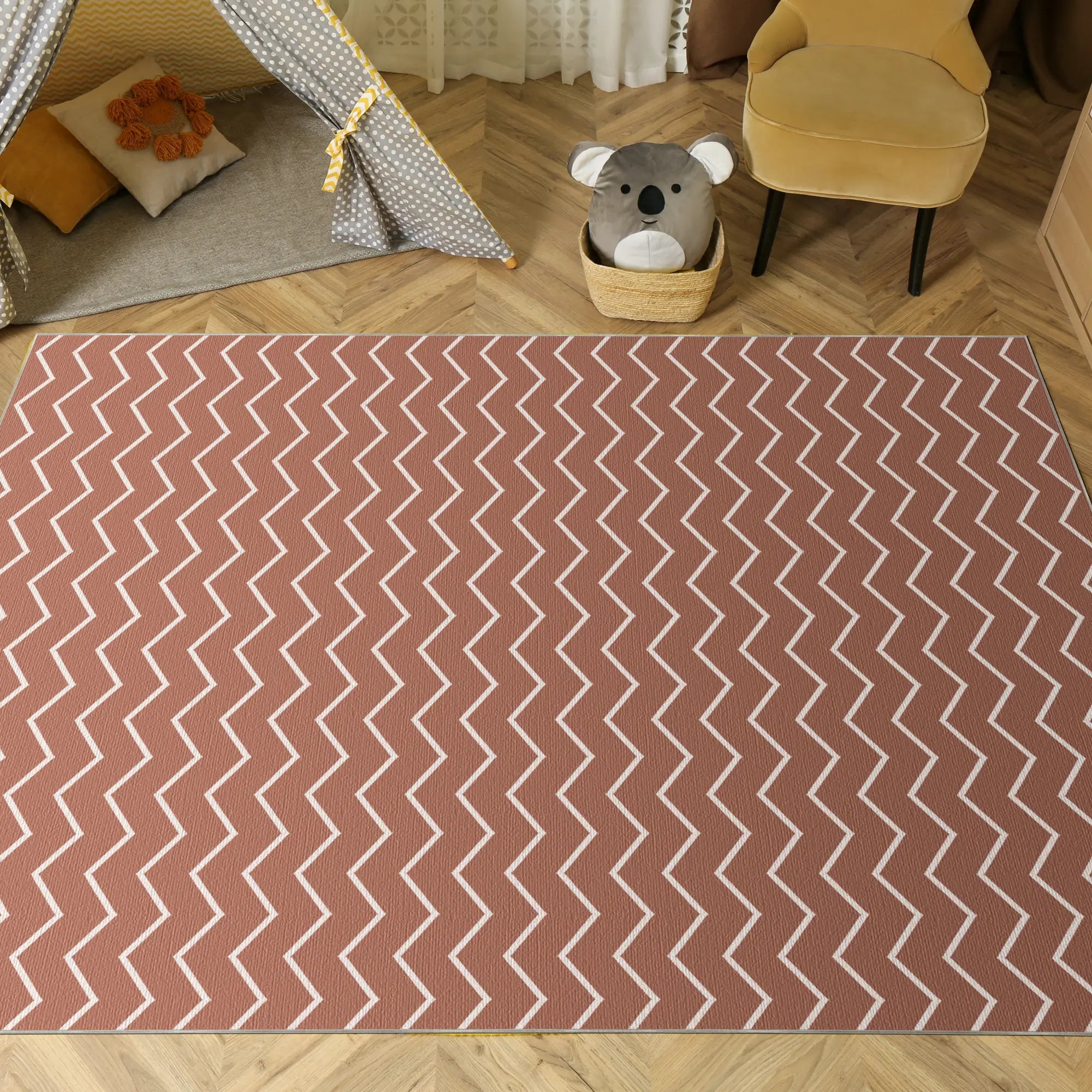 Washable Terracotta Chevron Rug