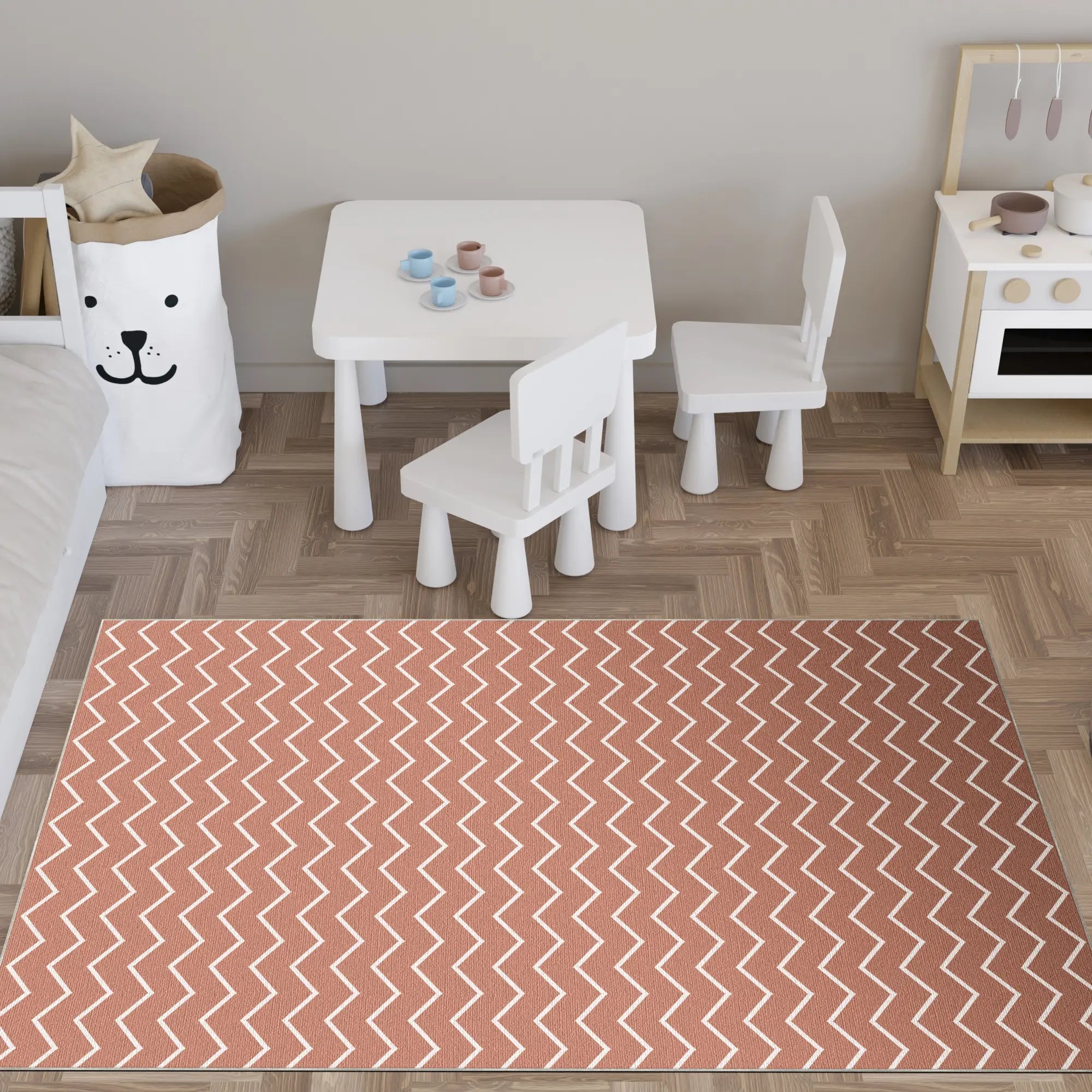Washable Terracotta Chevron Rug