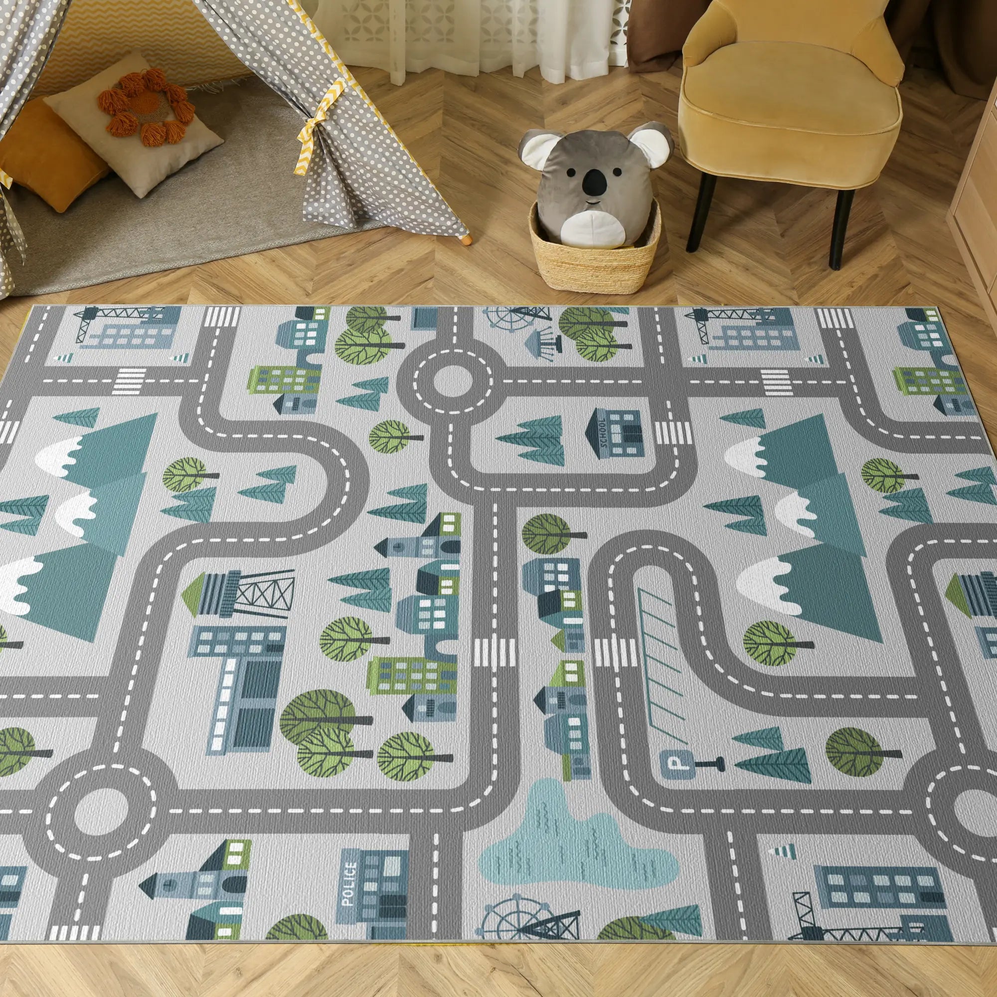 Washable Blue City Road Kids Rug