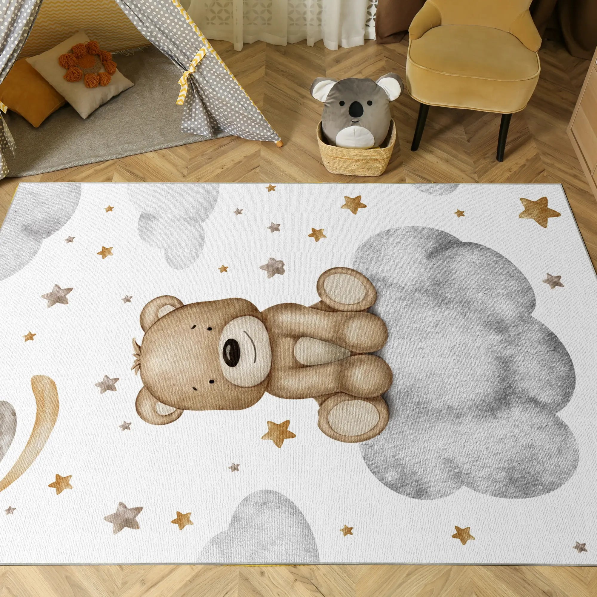 Sweet Brown Bear on Cloud Kids Rug