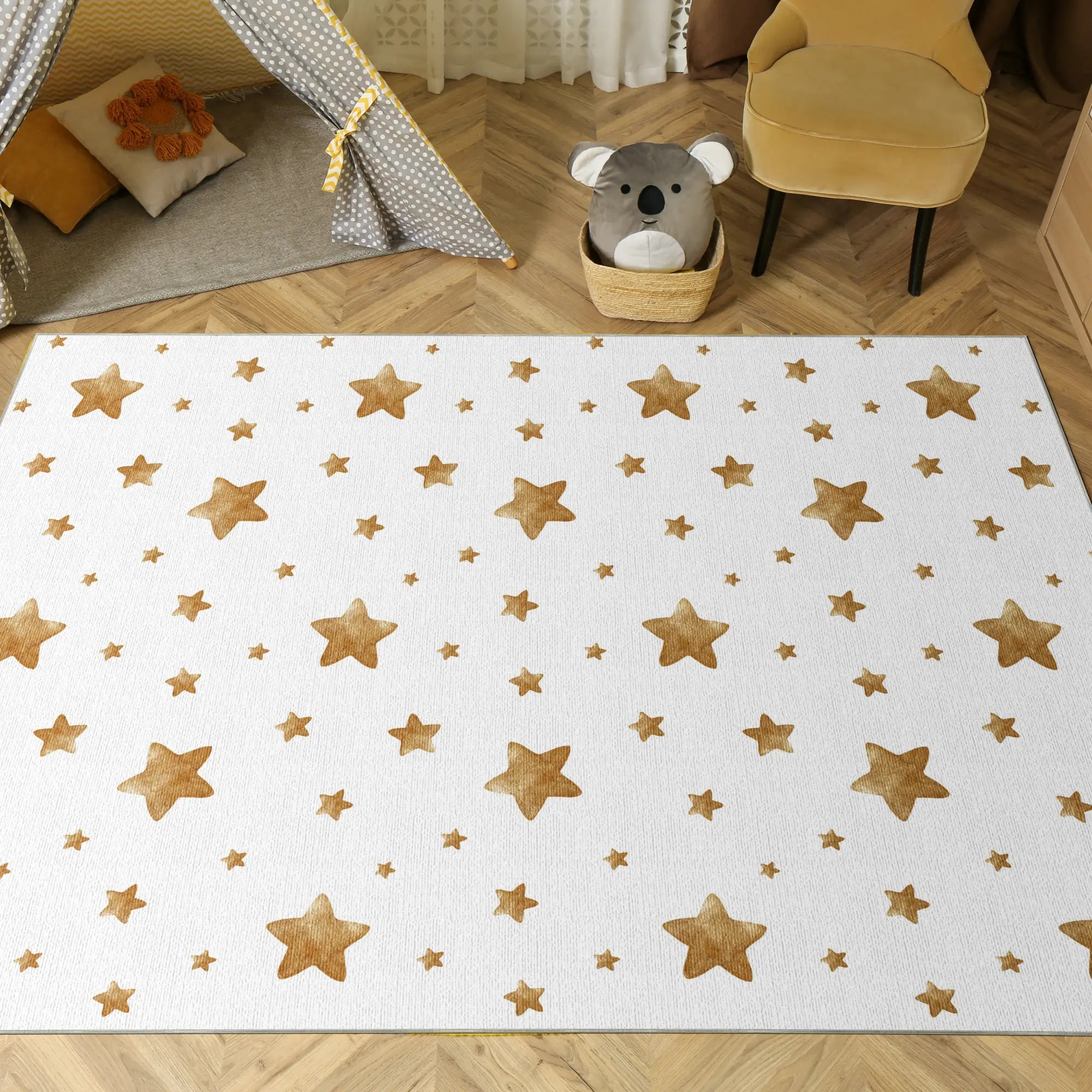 Golden Watercolor Stars Kids Rug