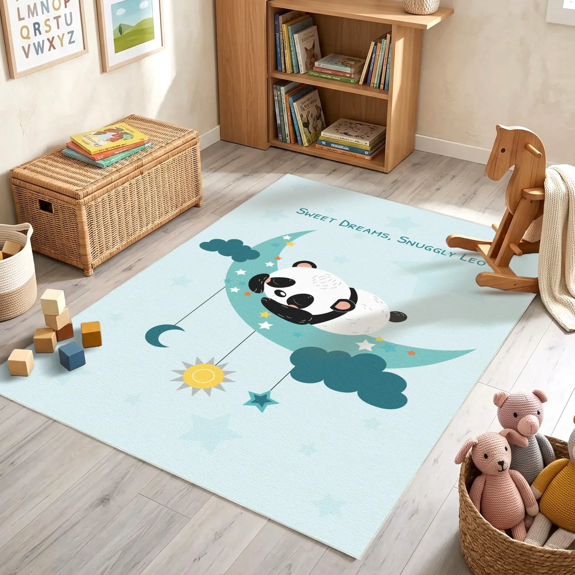 Children's room with a customizable rug featuring a panda design, toys, and books.