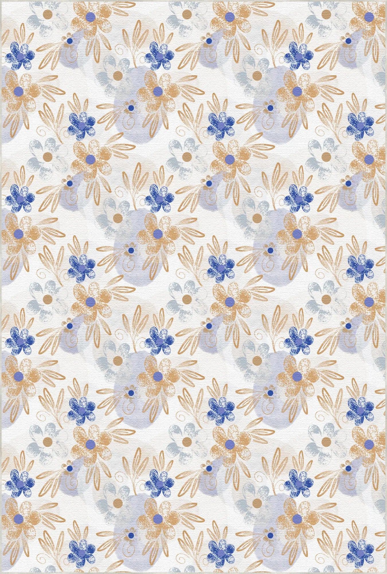 Floral pattern with blue and orange flowers on a white background