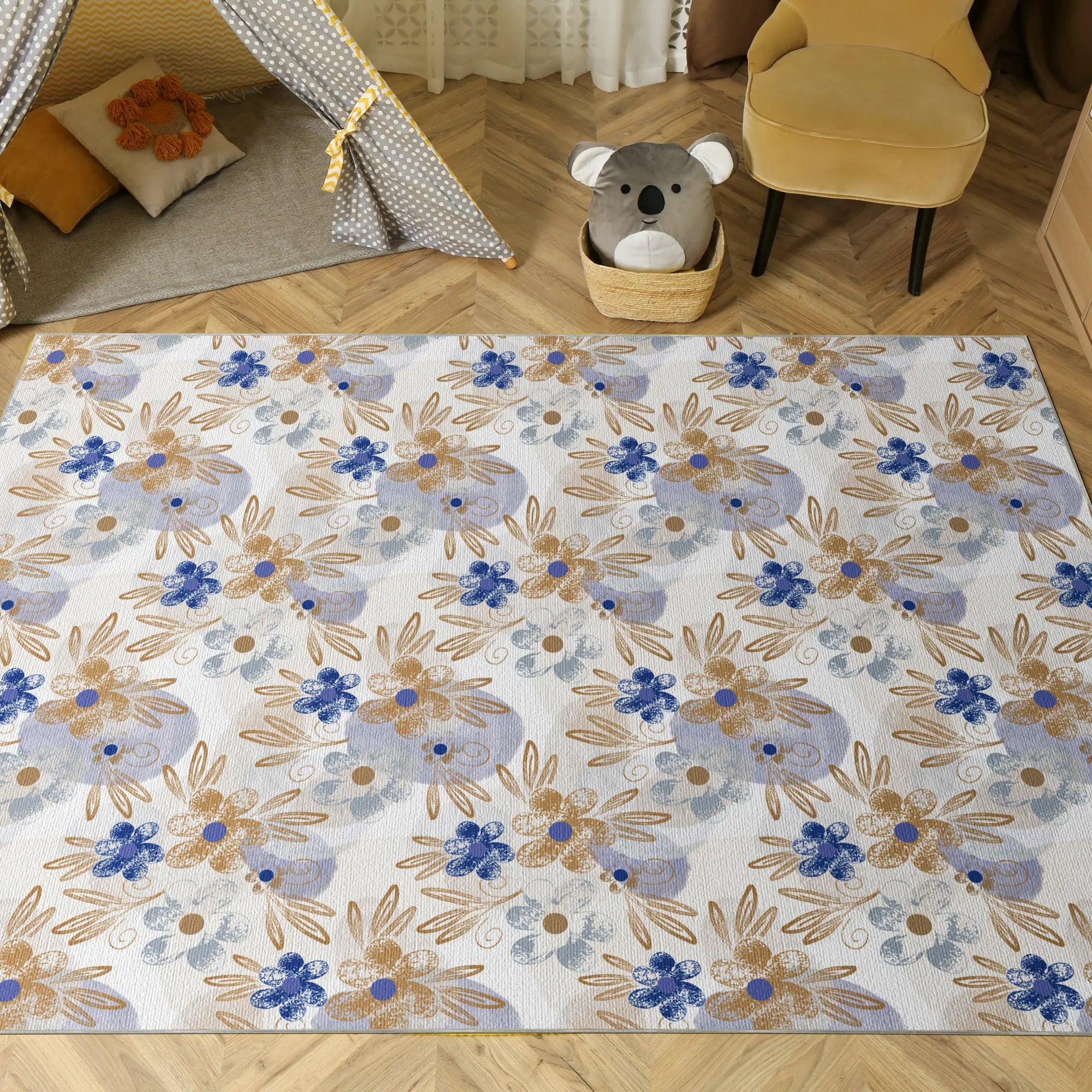 Bohemian Indigo & Ochre Sketch Floral Rug