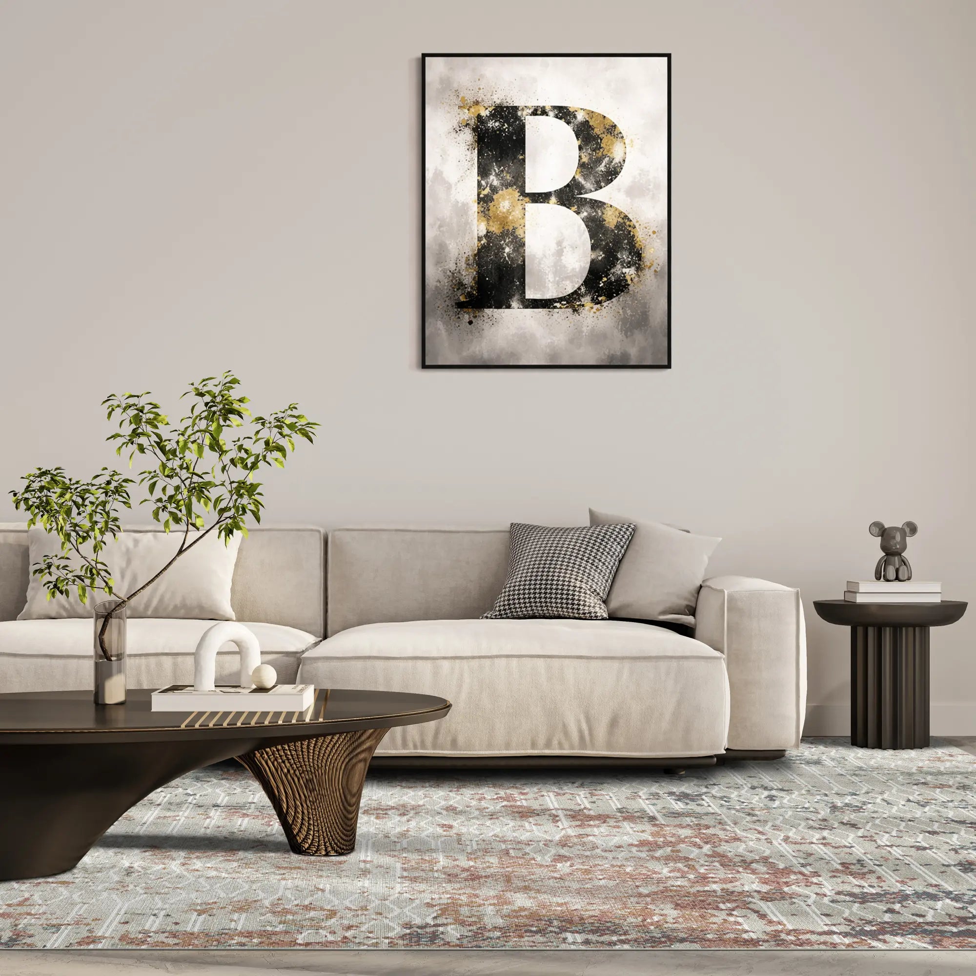 area rug with rust and gray lattice pattern in living room setting