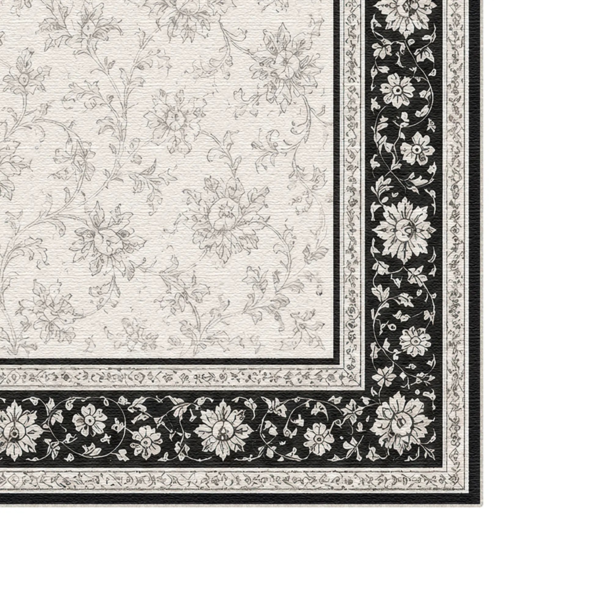 Floral Border Black and White Rug