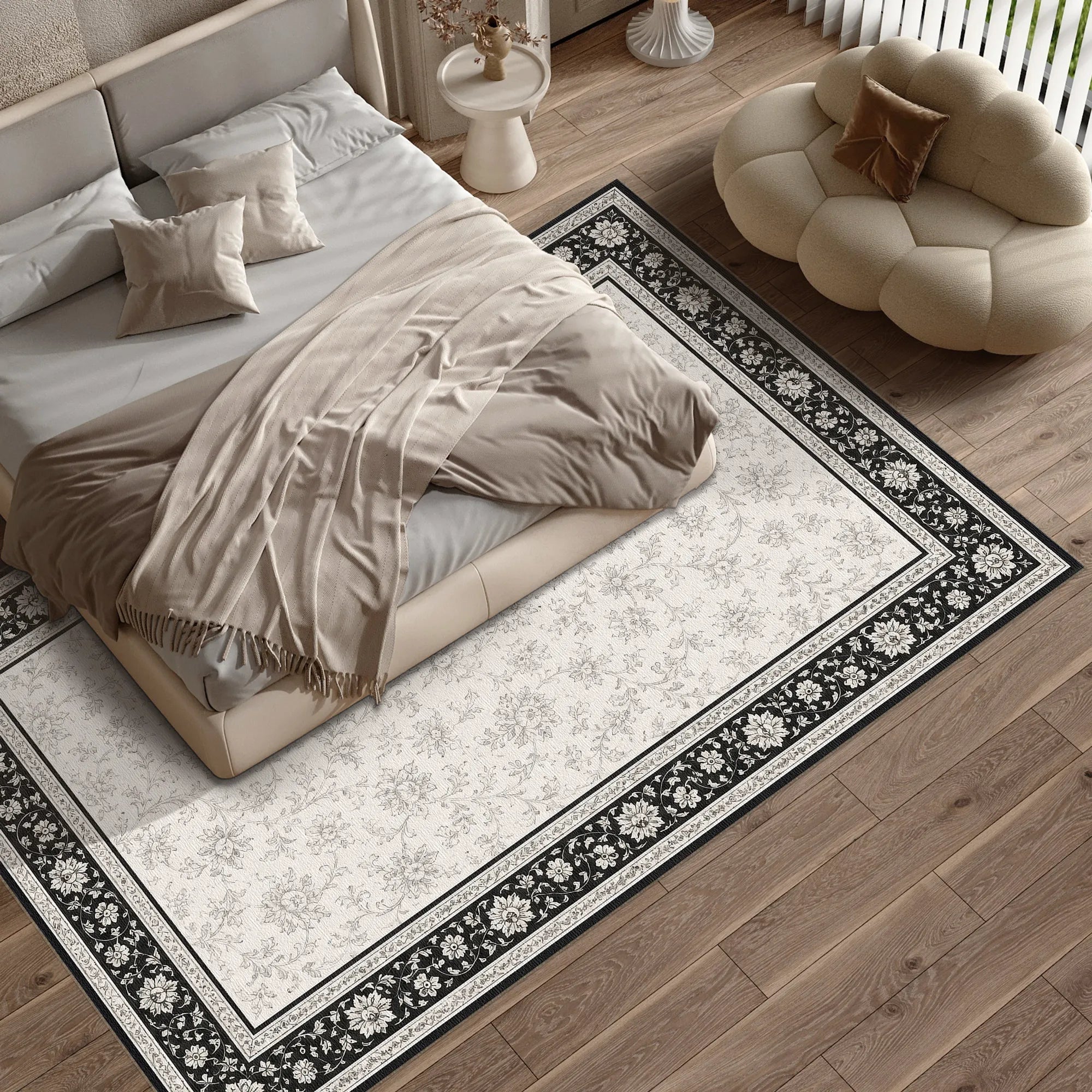 Floral Border Black and White Rug