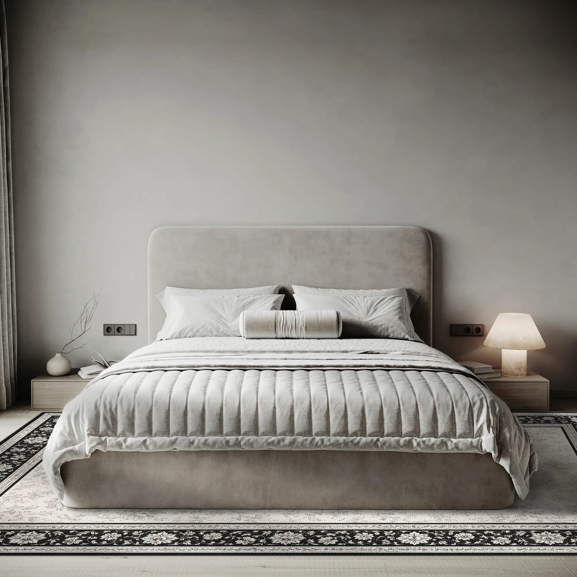 Floral Border Black and White Rug
