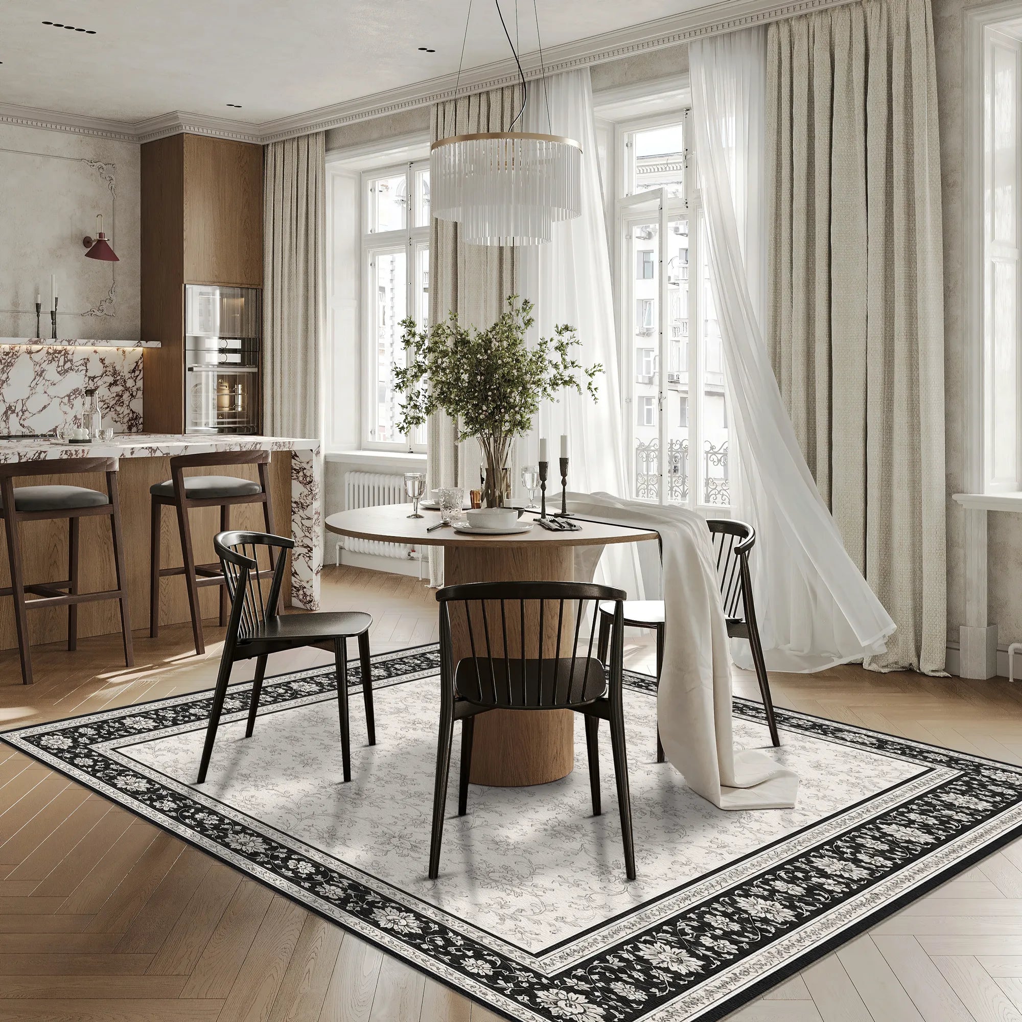 Floral Border Black and White Rug