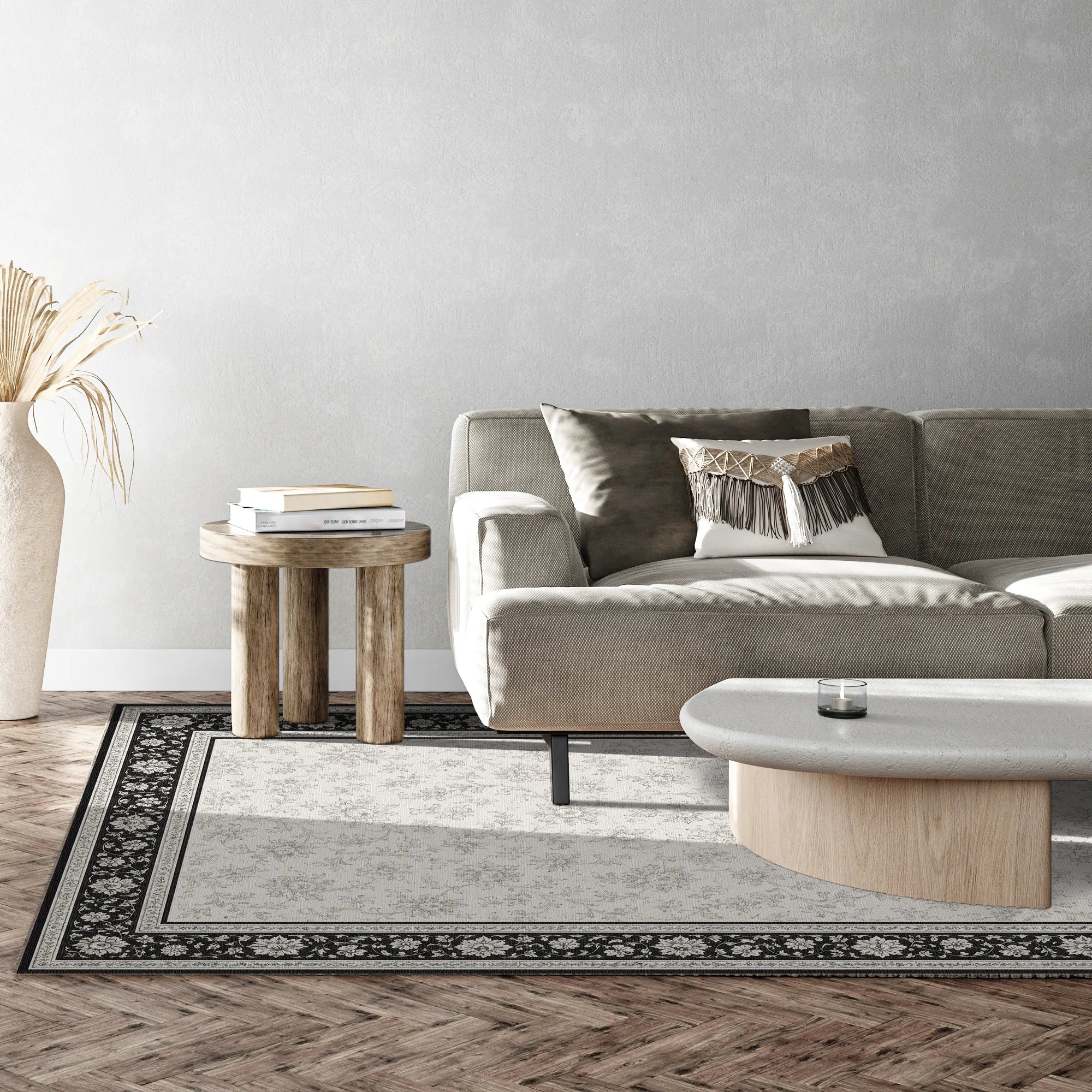 Floral Border Black and White Rug