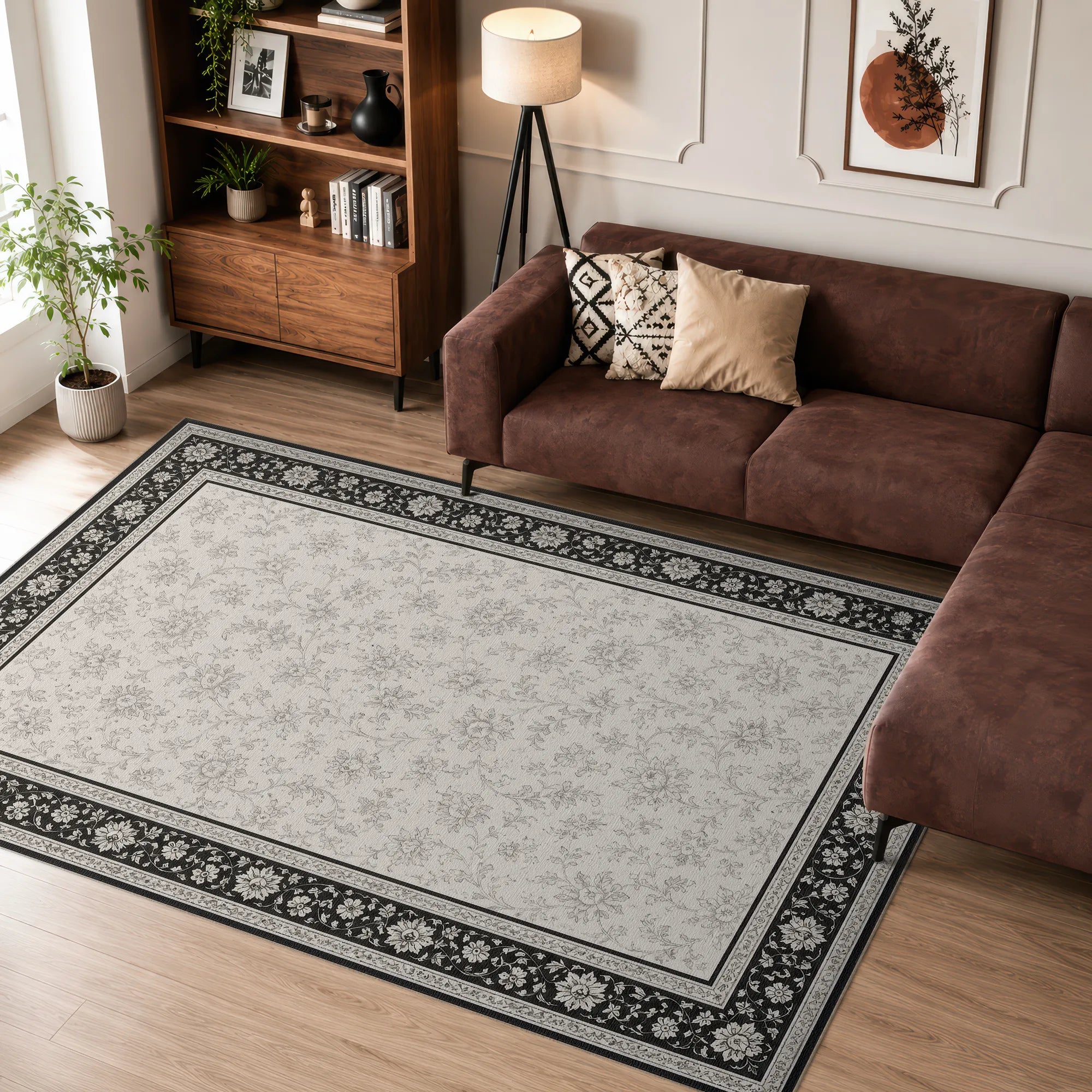 Floral Border Black and White Rug