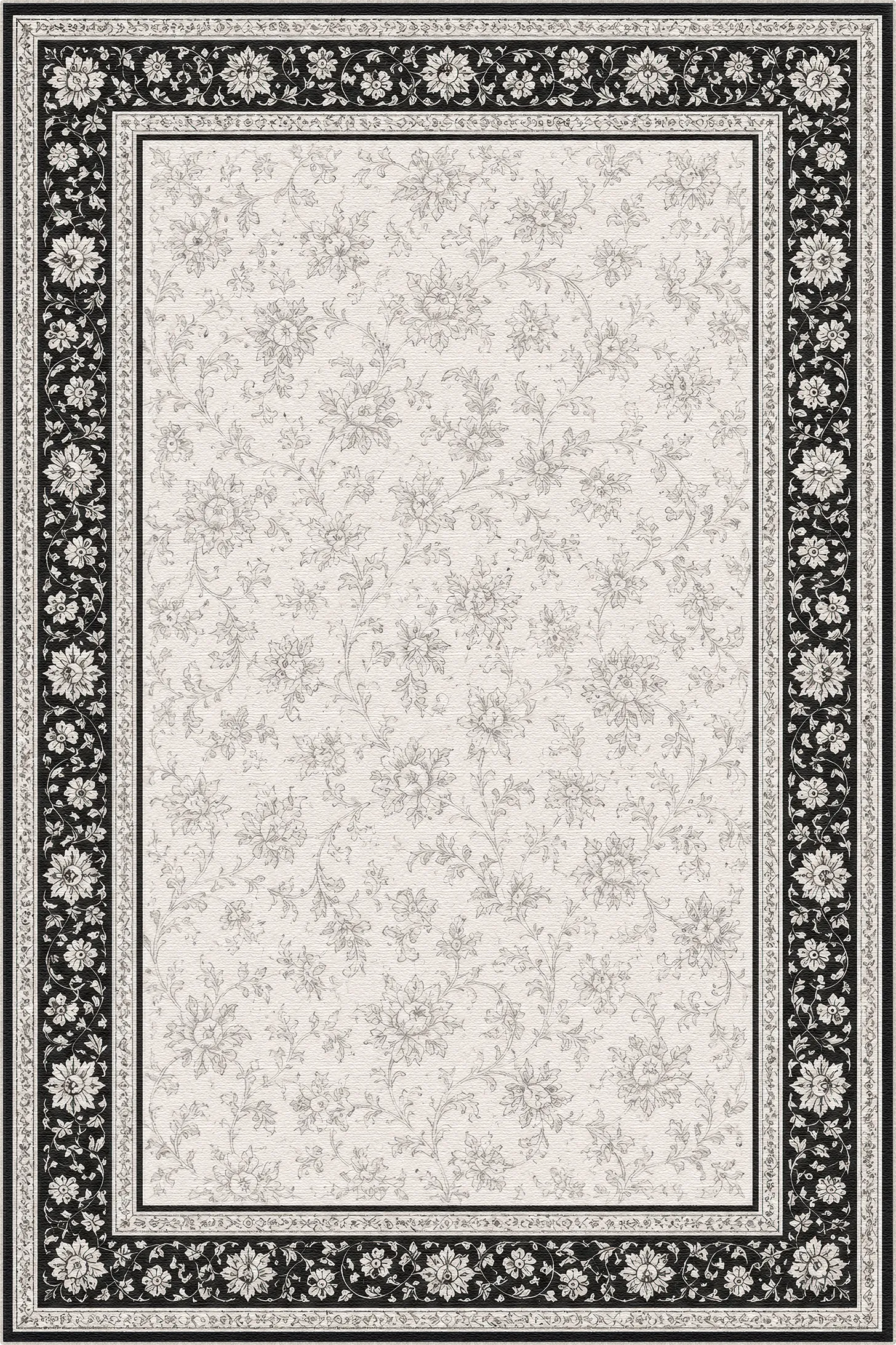 Floral Border Black and White Rug