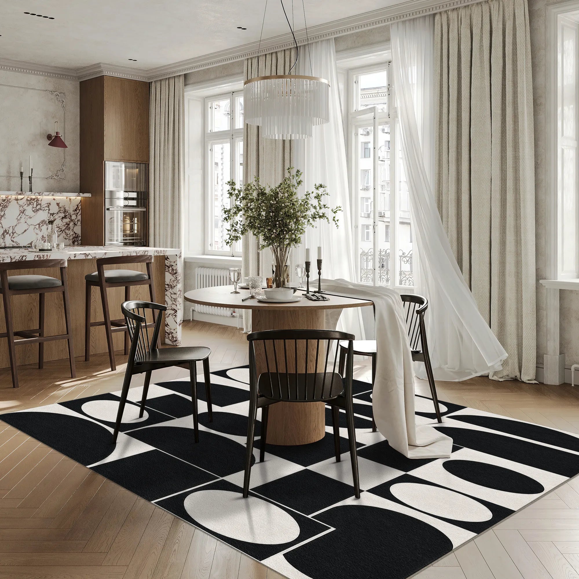 Geometric Abstract Black and White Rug