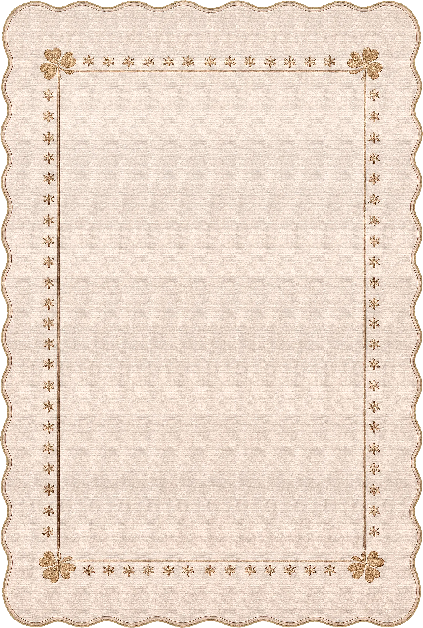 A rectangle beige scalloped rug with a scalloped border and a stitched floral frame, shown flat against a white background.