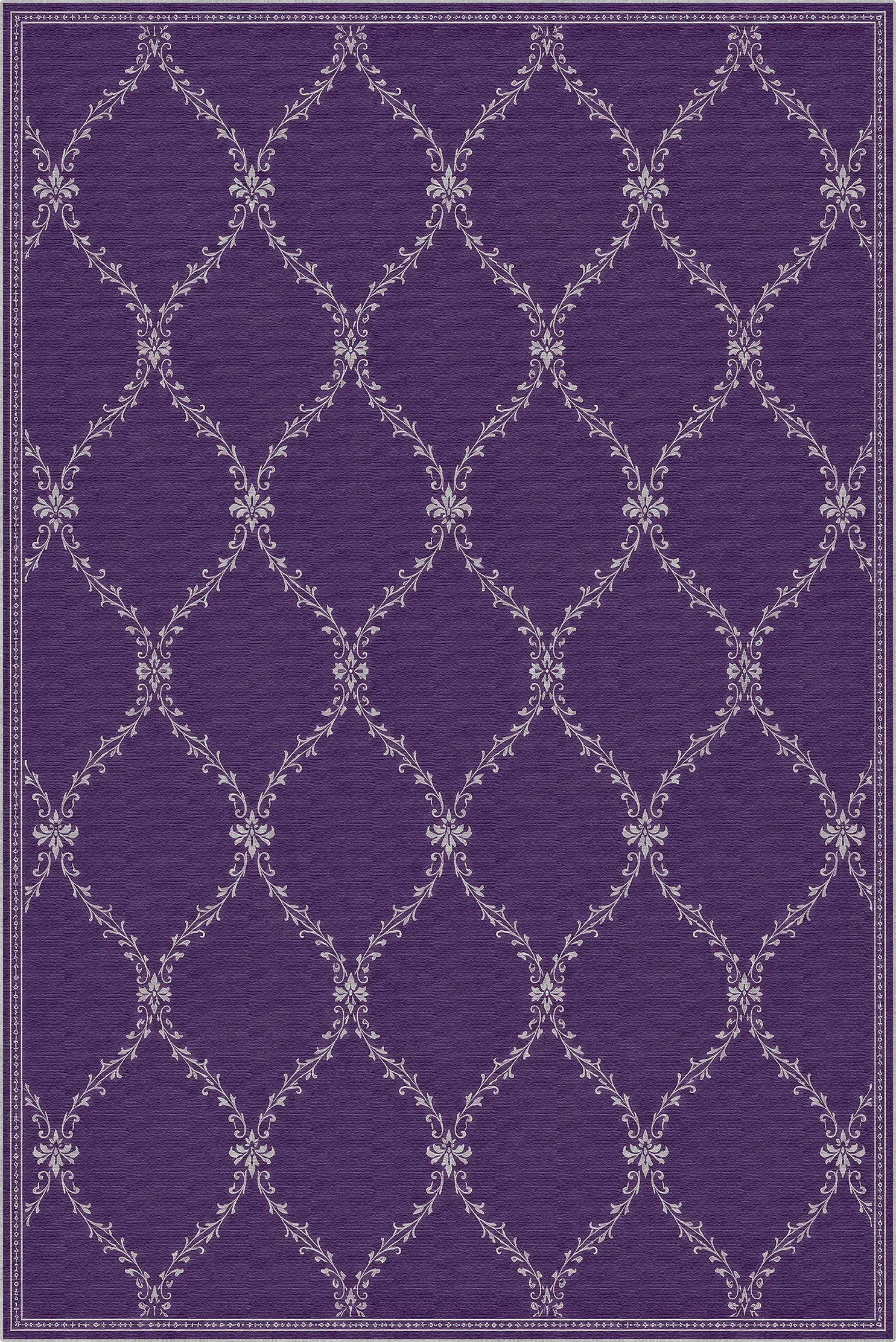 A lattice area rug with a deep purple background and a repeating white trellis pattern with floral accents at the intersections.