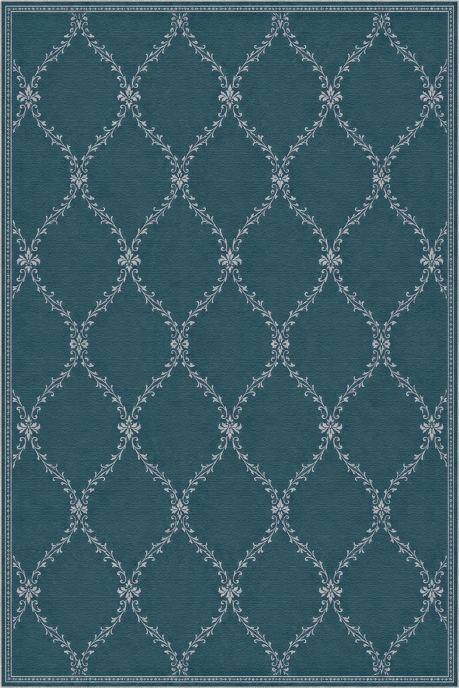 A lattice area rug with a textured teal blue background and a repeating white trellis pattern with floral accents.