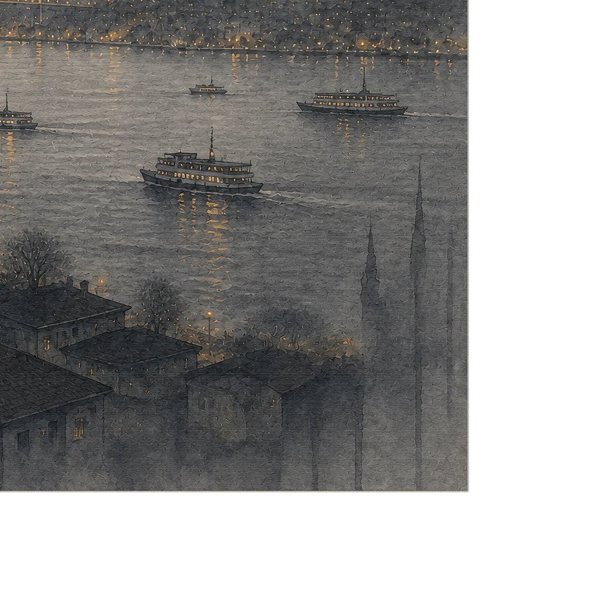 A moody city Istanbul waterfront rug with ferries on the water, low buildings, bare trees, and tall church spires in the foreground, rendered in muted gray, blue-gray, and warm yellow light reflections.