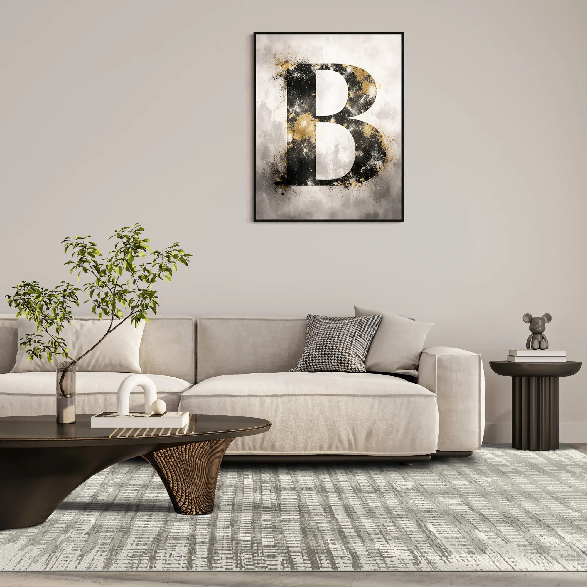 gray and white area rug with abstract glitch pattern in living room setting