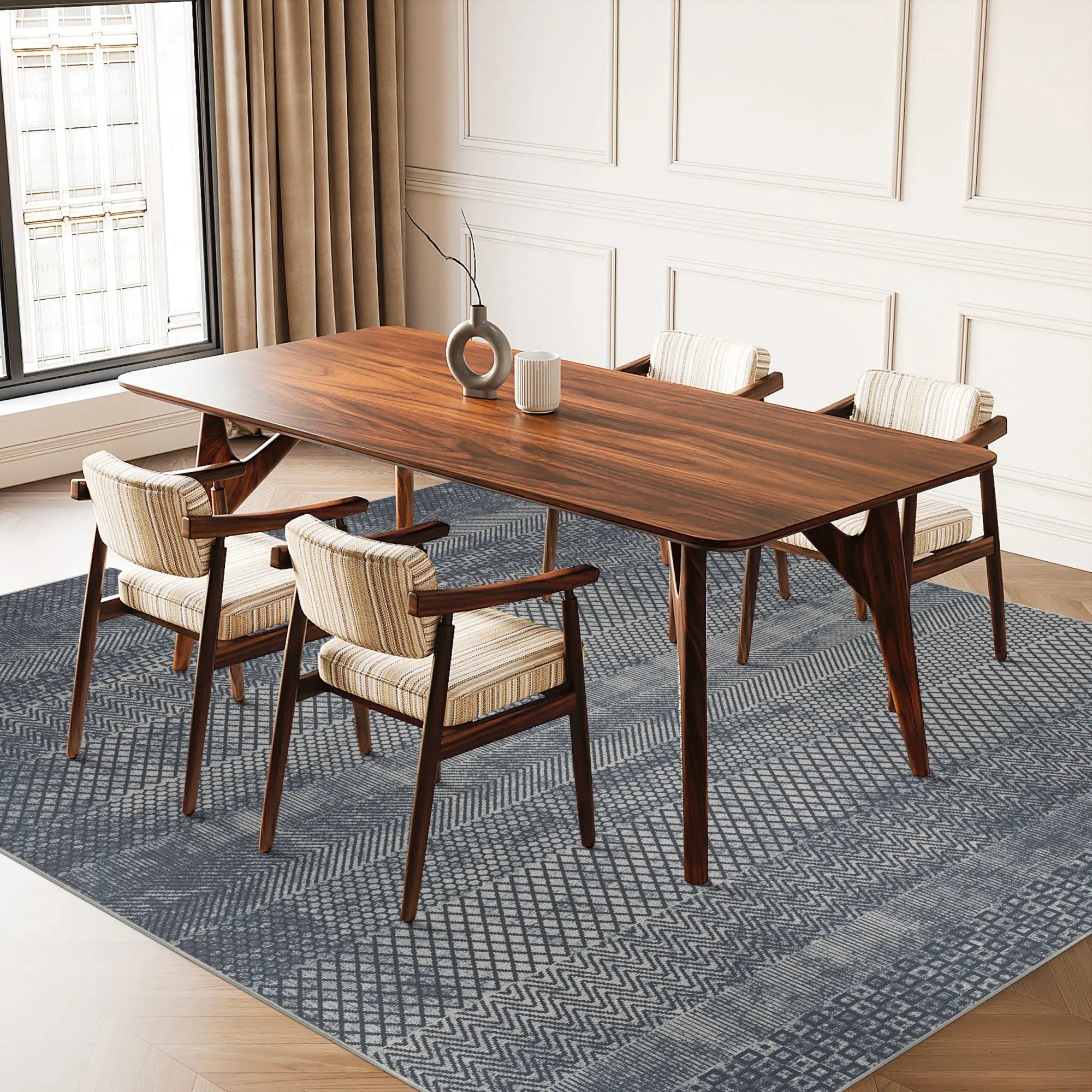 Indigo Mosaic Banded Geometric Rug