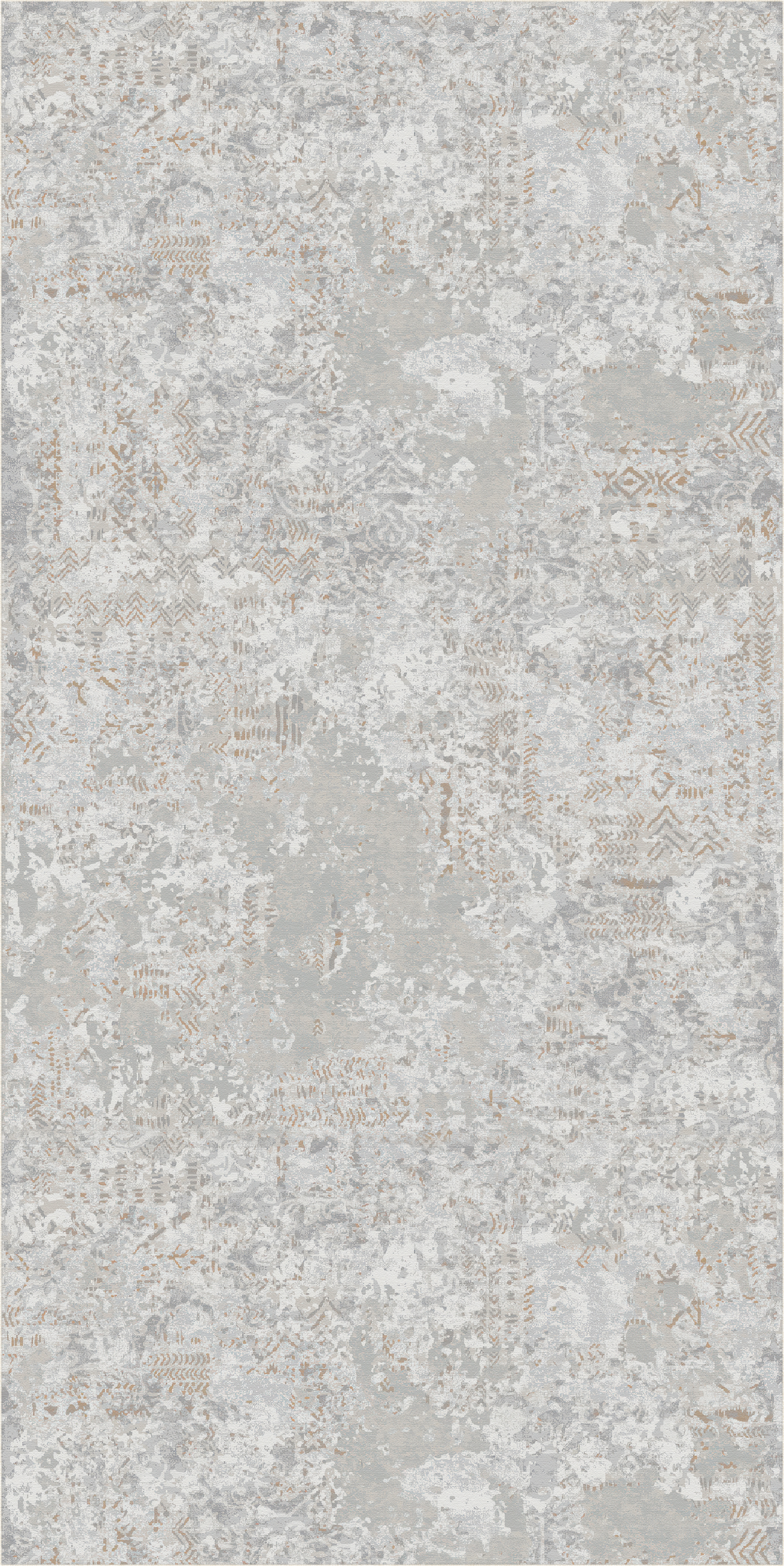 A square area rug with a distressed, vintage-inspired pattern in shades of light gray, beige, and white, featuring subtle hints of muted gold.