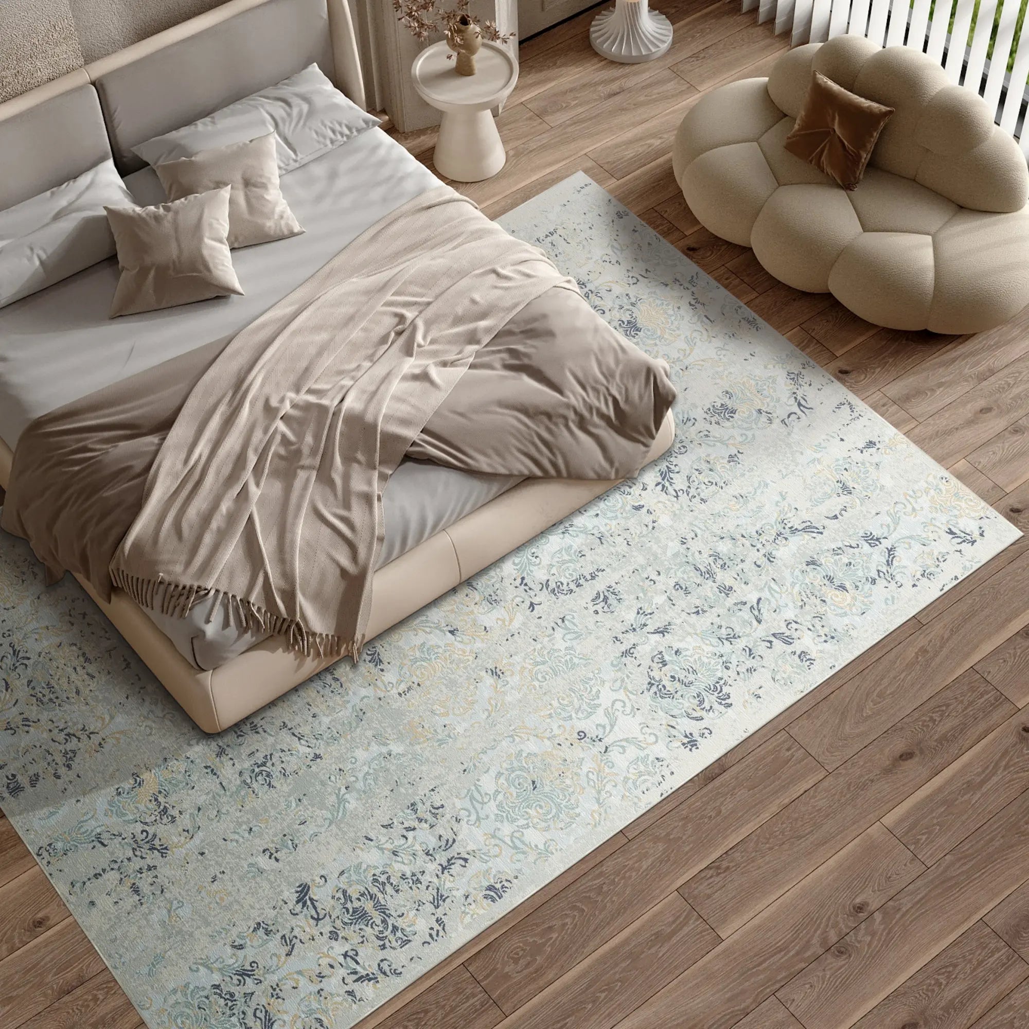 Tidal Damask Washable Blue Rug