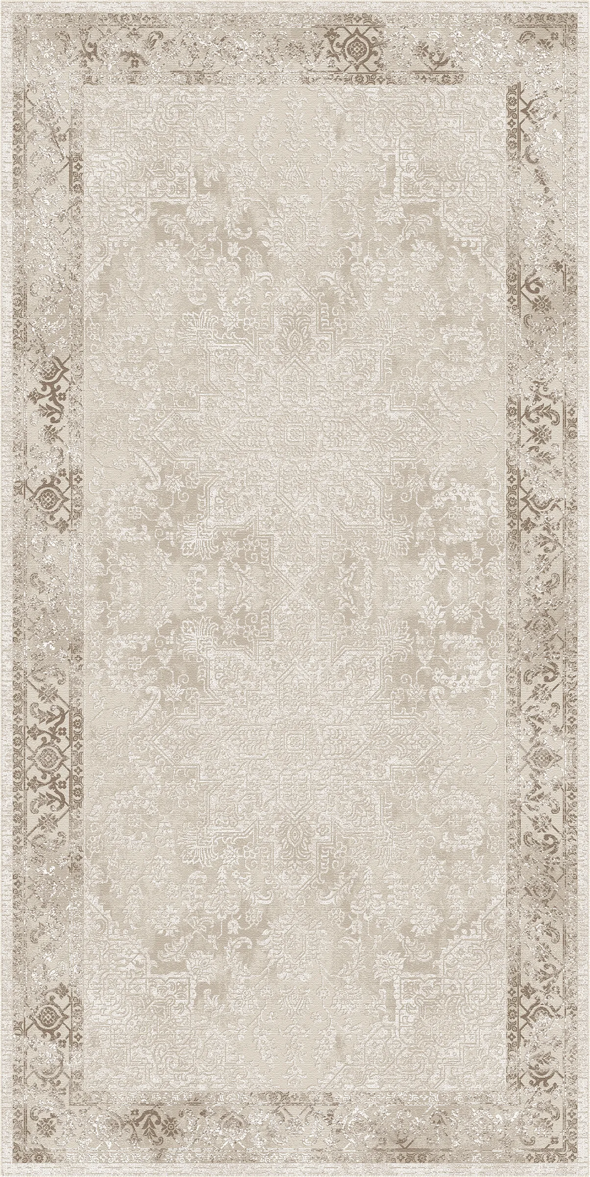 A 1 x 2 area rug with a distressed traditional pattern in cream, beige, and light taupe tones, featuring a wide central field and ornate borders.
