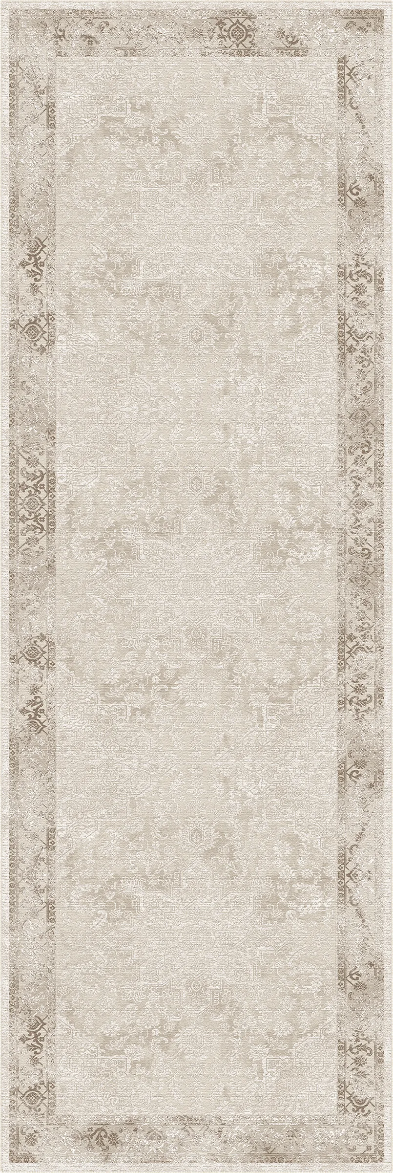 A rectangular 1x3 area rug with a distressed traditional pattern in beige, cream, and taupe tones, featuring a wide central field and a decorative border.