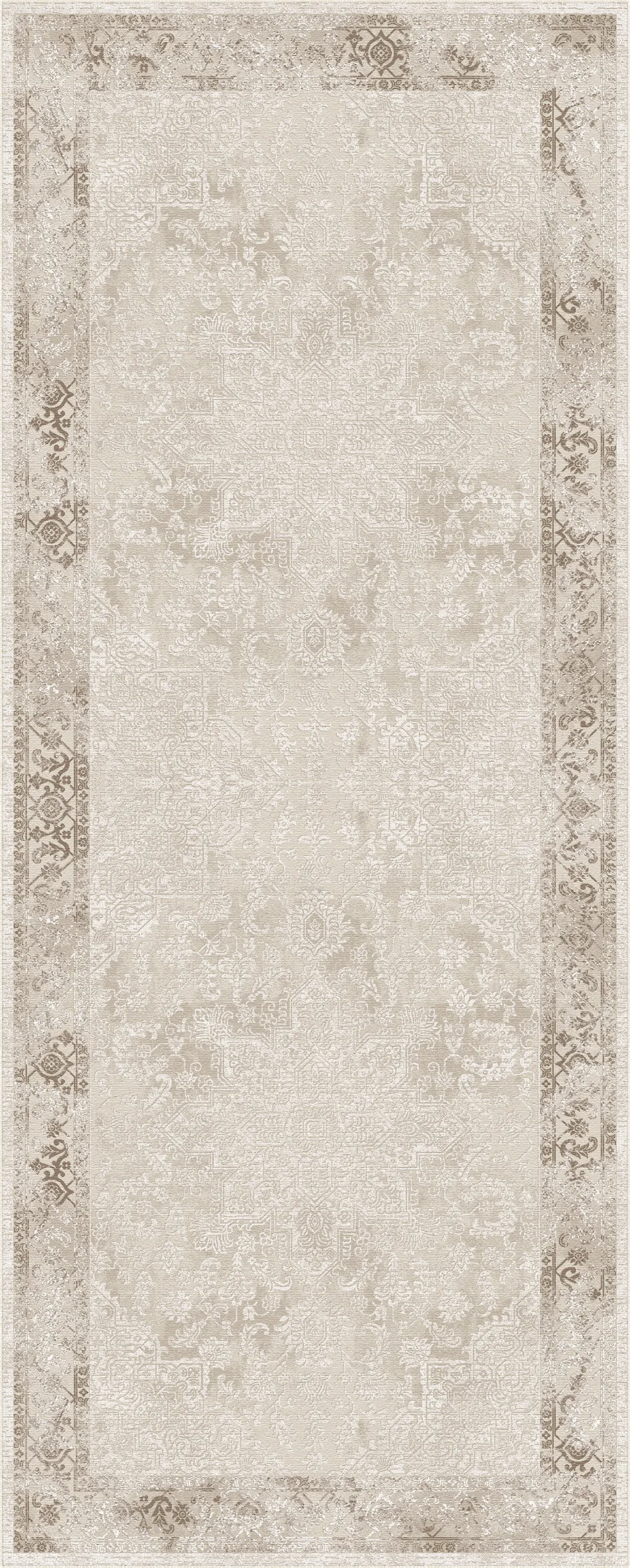 A rectangular area rug with a distressed traditional pattern in cream, beige, and light taupe tones, featuring a wide ornate border.