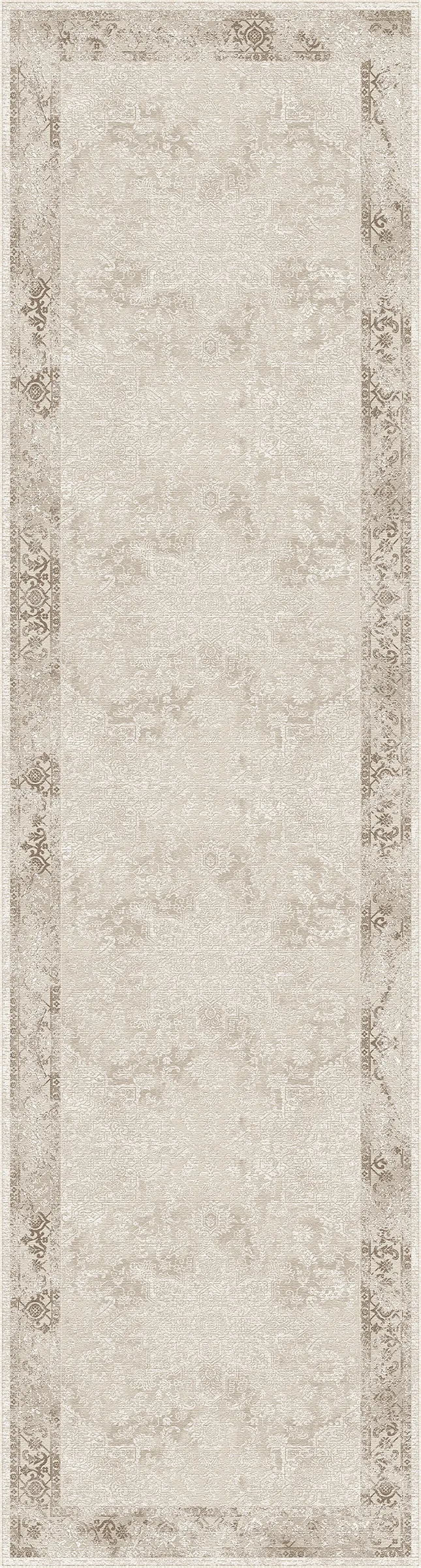 A rectangular area rug with a distressed traditional pattern in warm beige, cream, and taupe tones, featuring a wide central field and a decorative border.