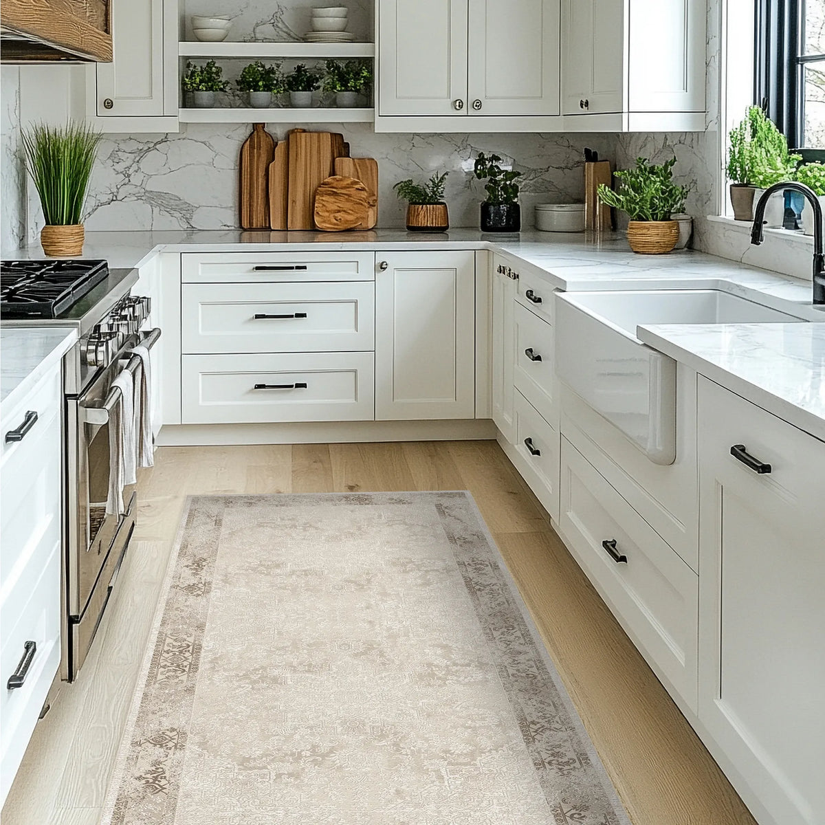 Modern kitchen with white cabinets, marble countertop, and patterned rug on wooden floor.