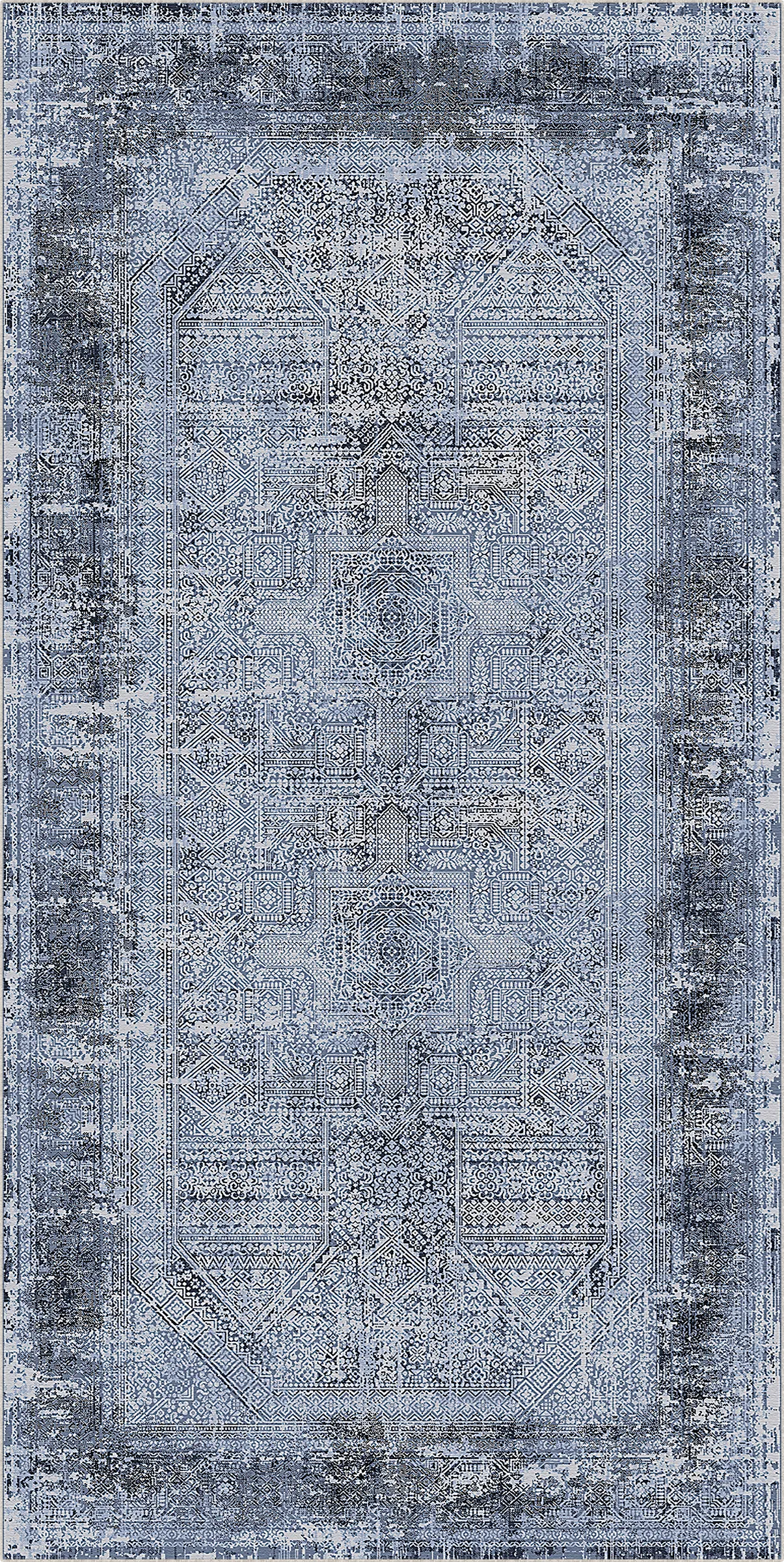 Blue and gray patterned rug with geometric design