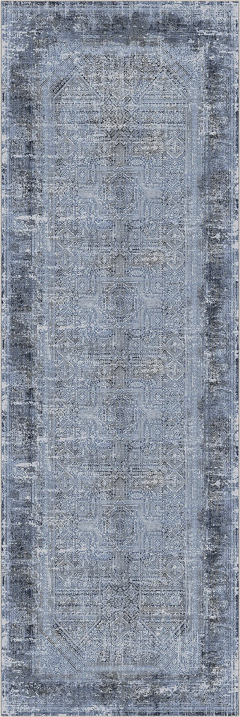 Long rectangular blue rug with a textured pattern